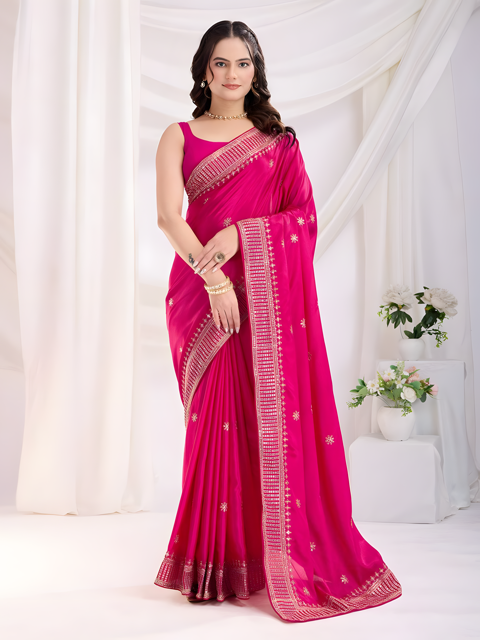 Magenta Chinon Silk Saree with C pallu all Over Embroidery and Sequins Work