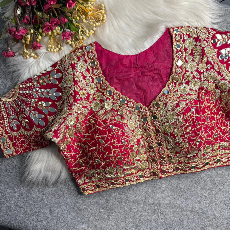 Magenta Designer Roman Silk Bridal Blouse with Mayur Mirror Work & Sequence Thread Work, Embroidery & Sequins