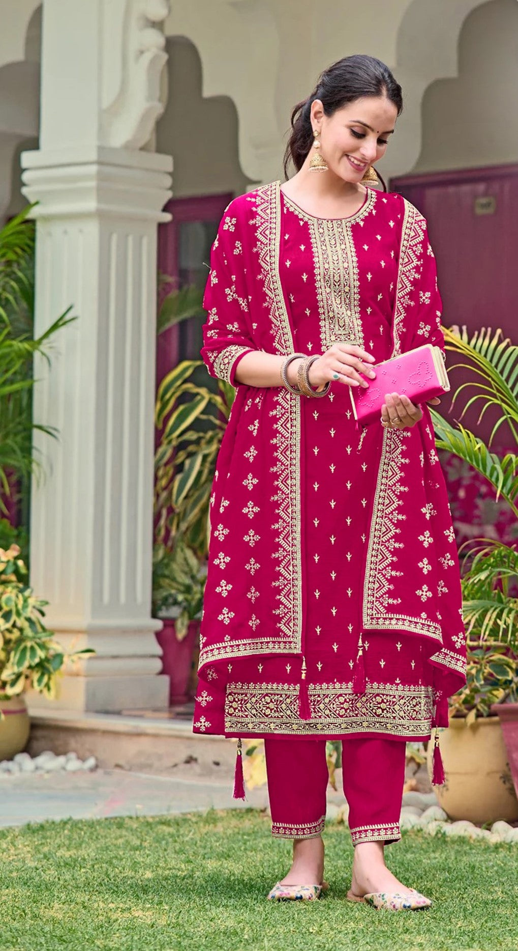 Magenta Georgette Designer Suit Set With Intricate Embroidery