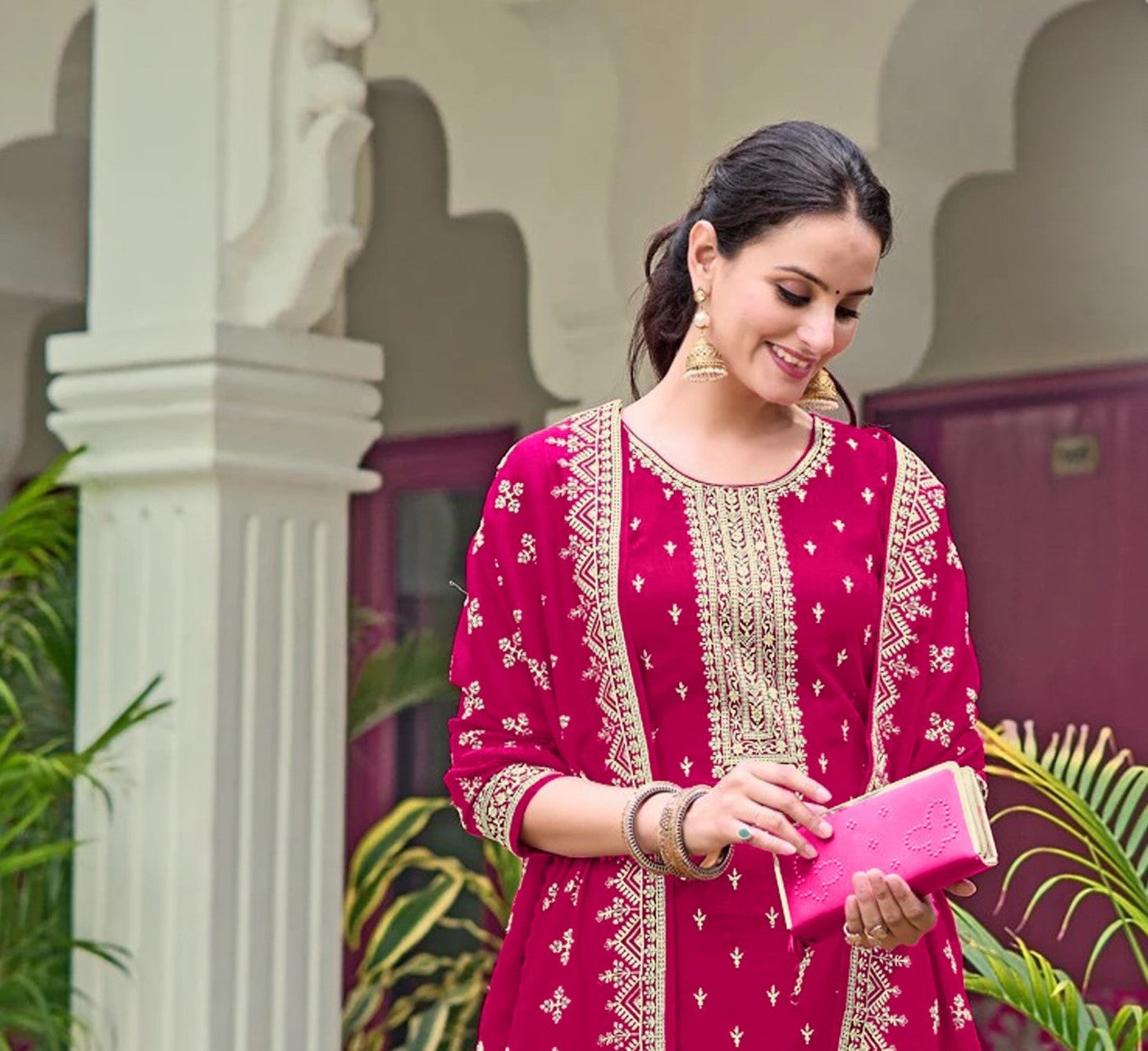 Magenta Georgette Designer Suit Set With Intricate Embroidery