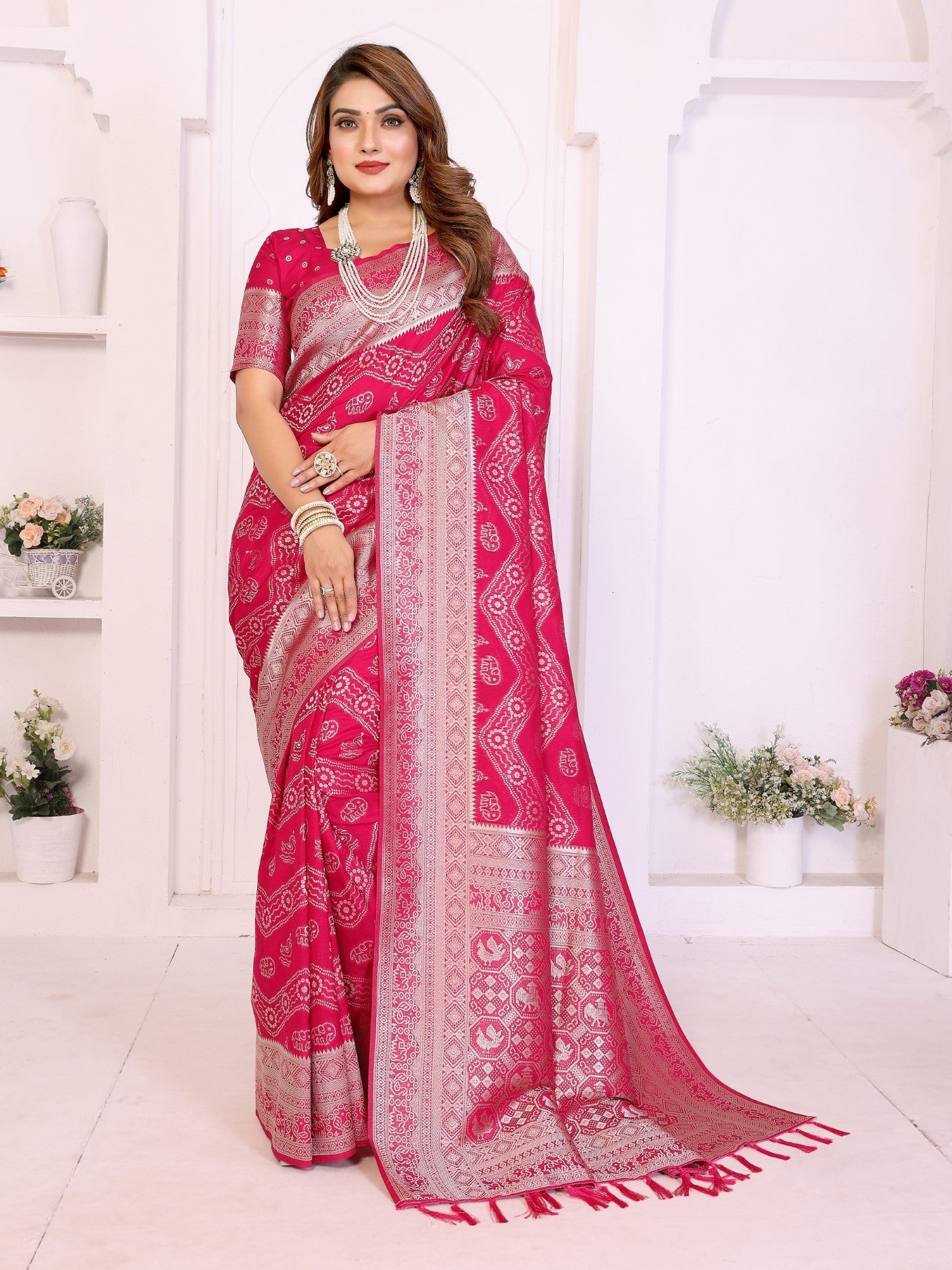 Magenta Georgette Silk Saree With Leheriya And Elegant Zari Weaving