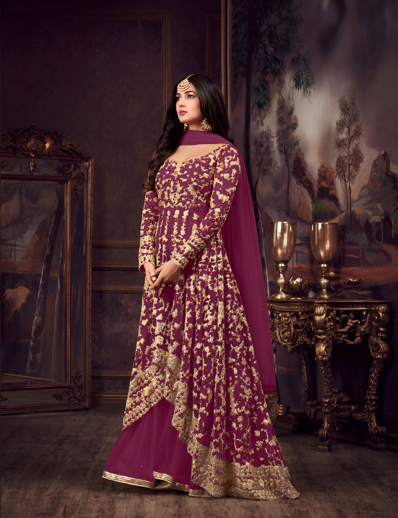 Magenta Heavy Designer Suit With Heavy Embroidery Work