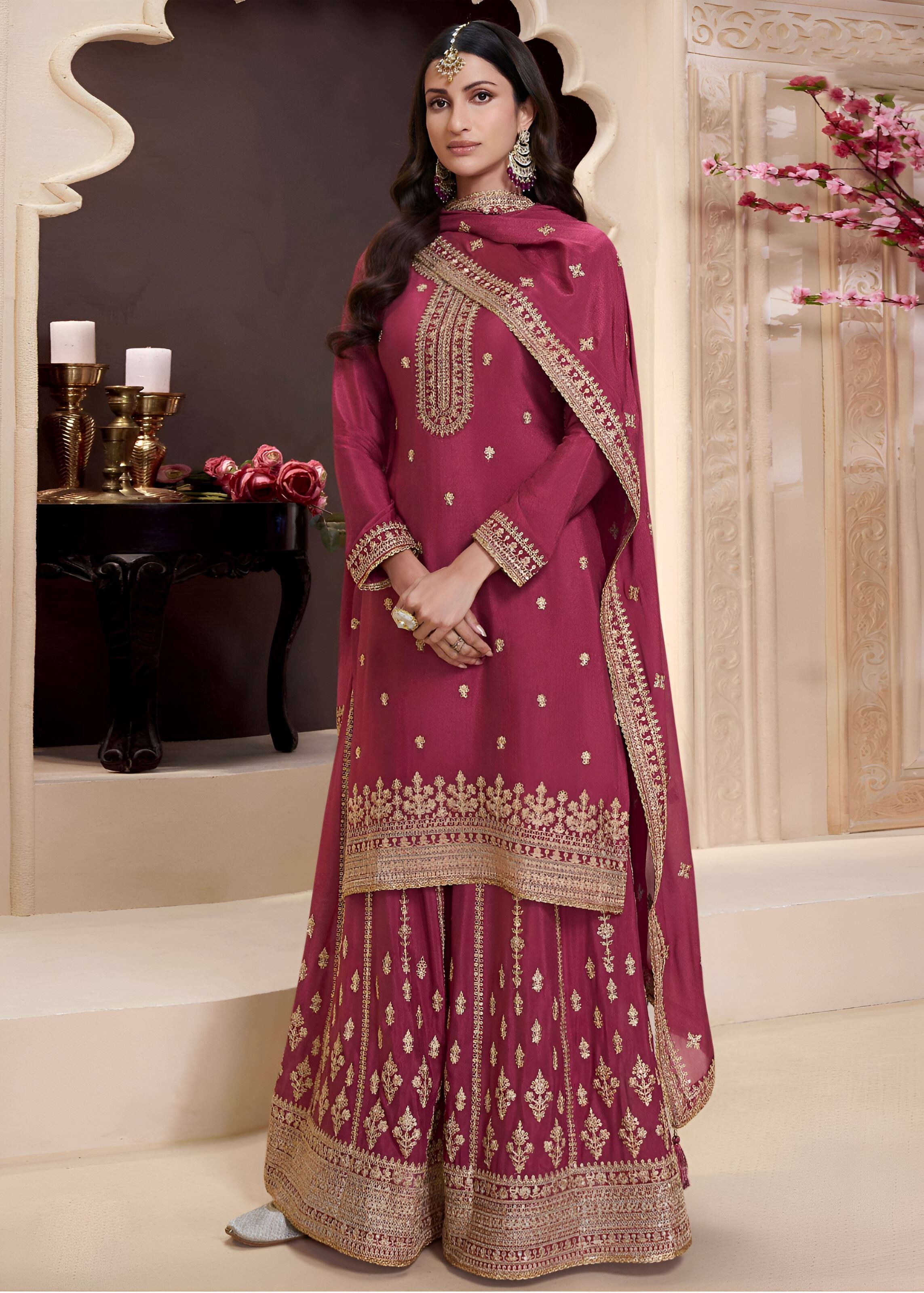 Magenta Heavy Designer Suit With Heavy Embroidery Work