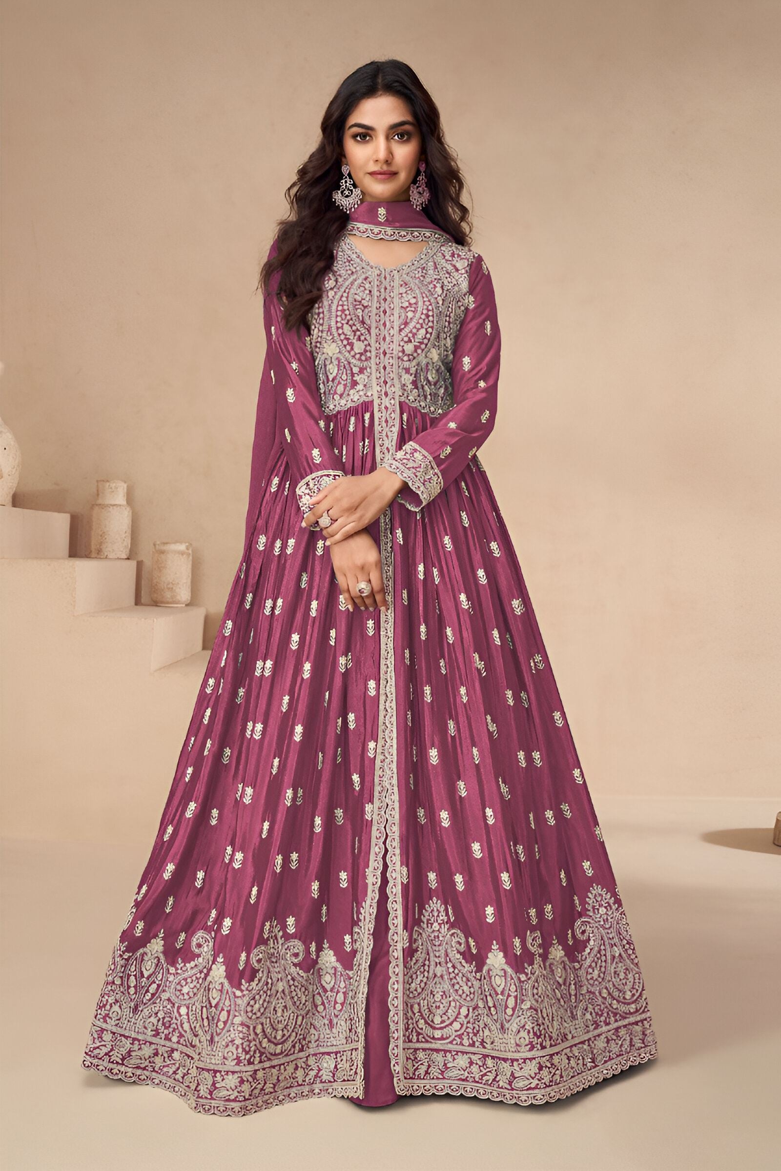 Magenta Heavy Designer Suit With Heavy Embroidery Work