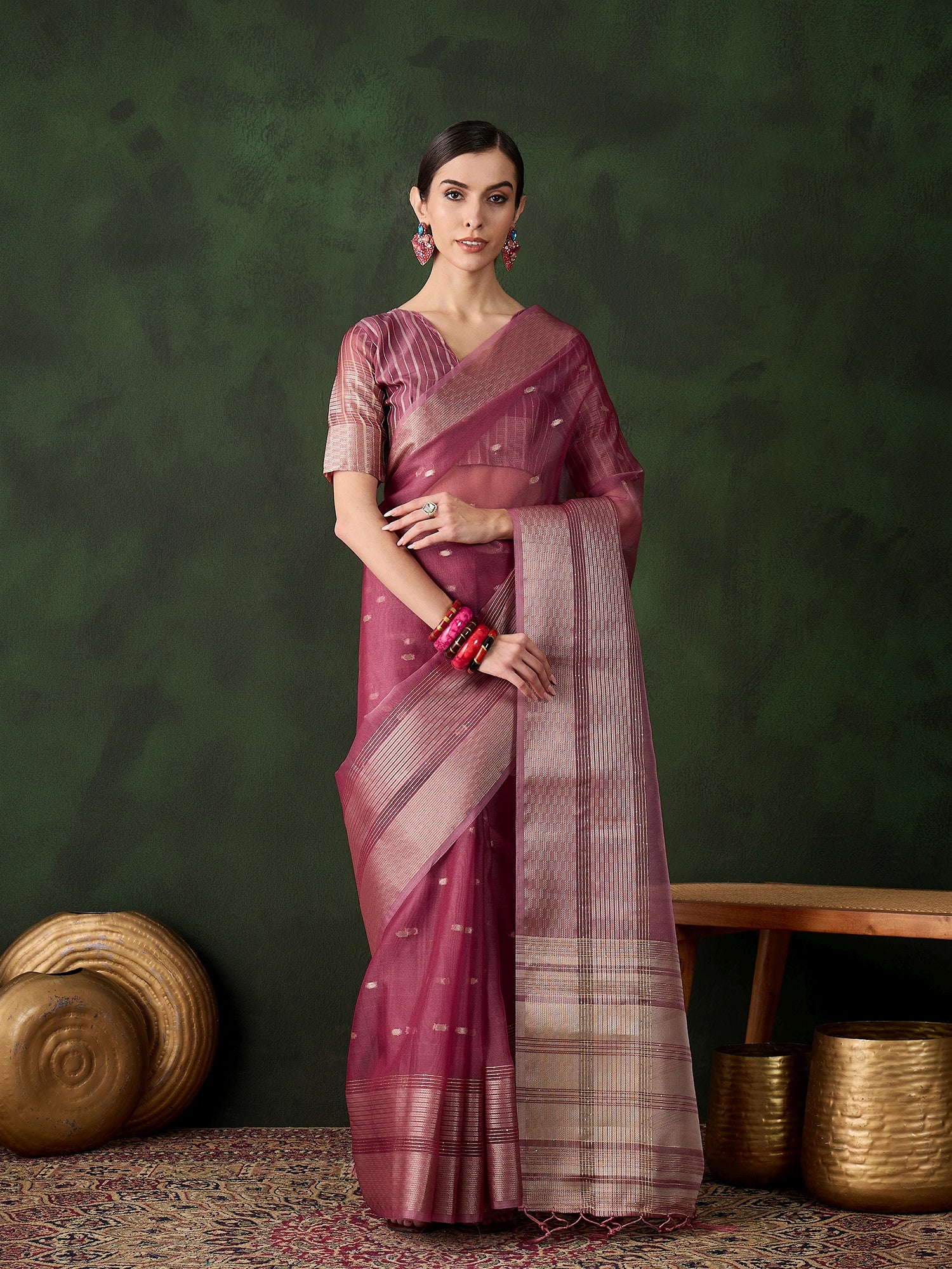 Magenta Khadi Organza Ethnic Woven Designer Saree For Festive Looks