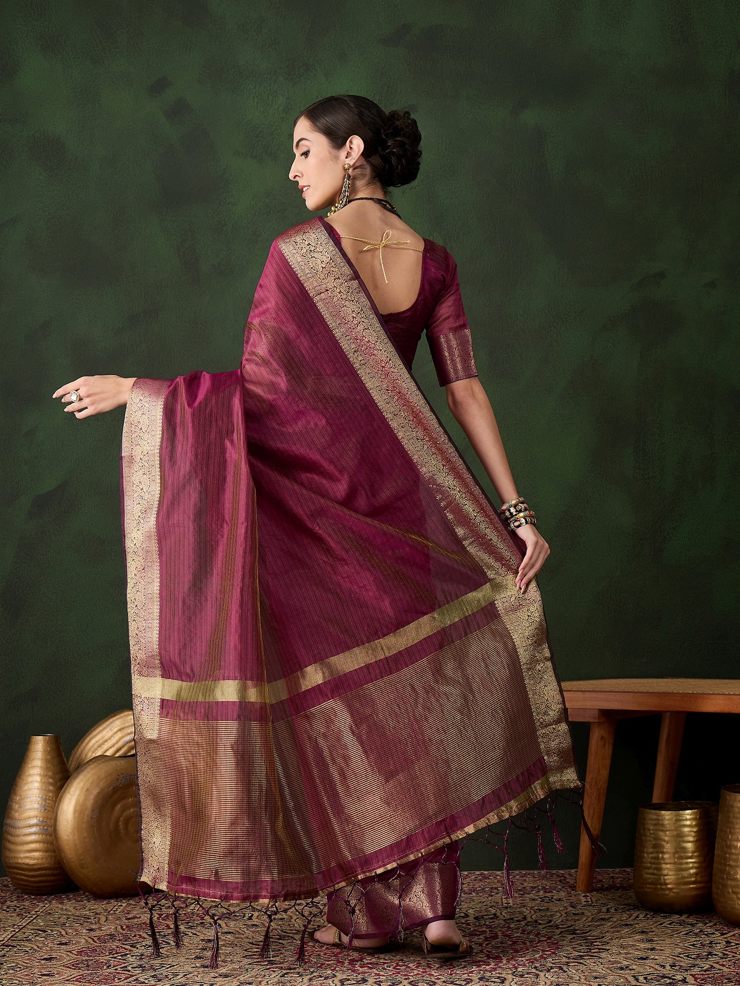 Magenta Khadi Organza Woven Jacquard Designer Traditional Festive Wear Saree