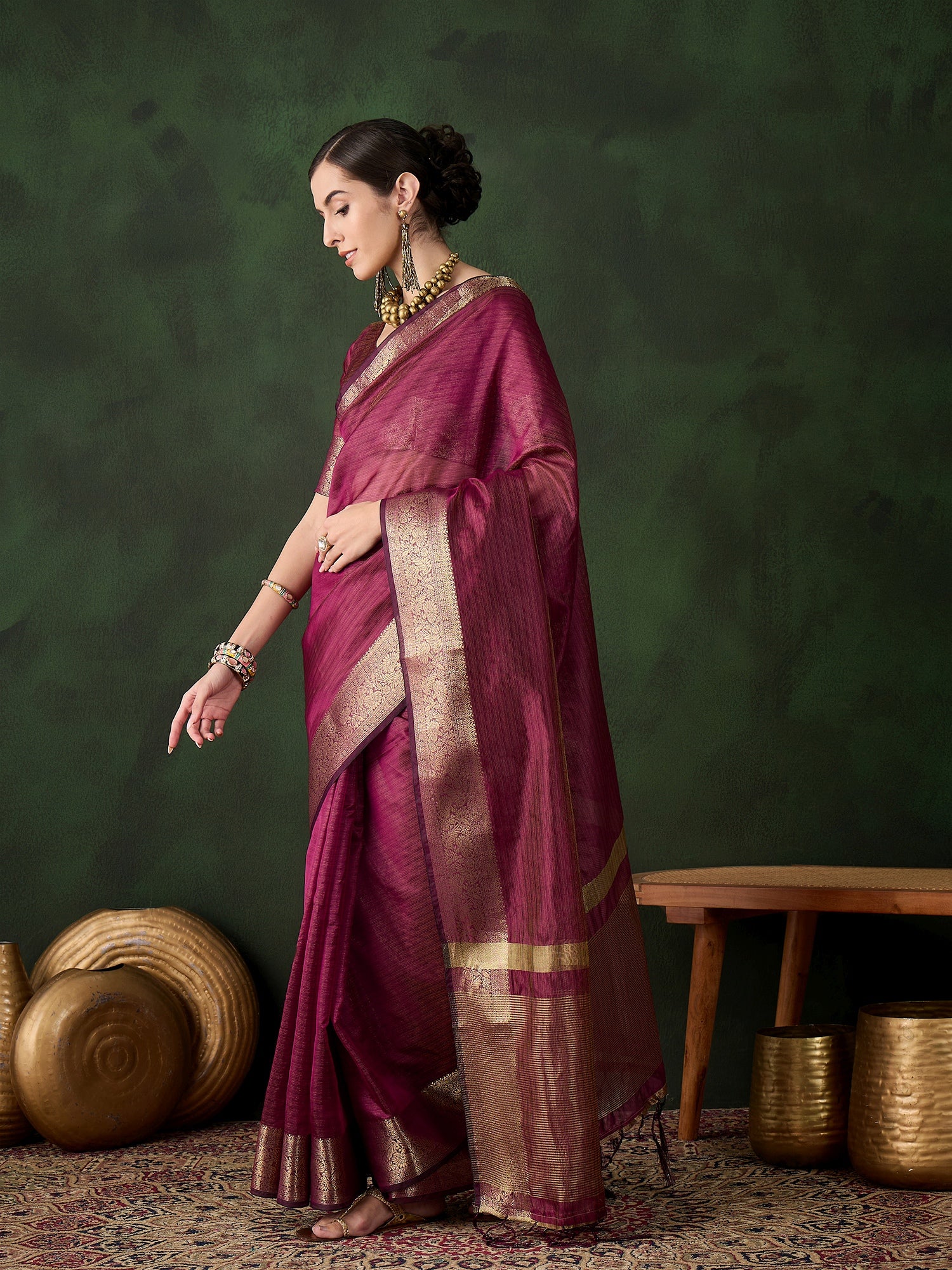 Magenta Khadi Organza Woven Jacquard Designer Traditional Festive Wear Saree