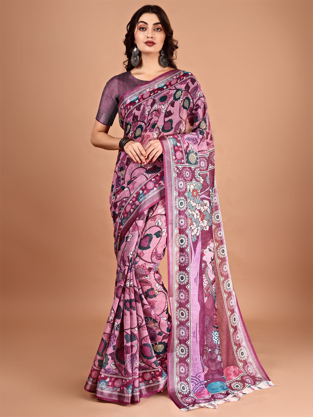 Magenta Linen Designer Printed Saree