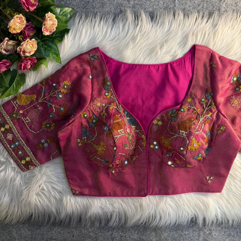 Magenta Luxe Bird Motif Mirror Work Blouse Cosmos Silk Designer Partywear