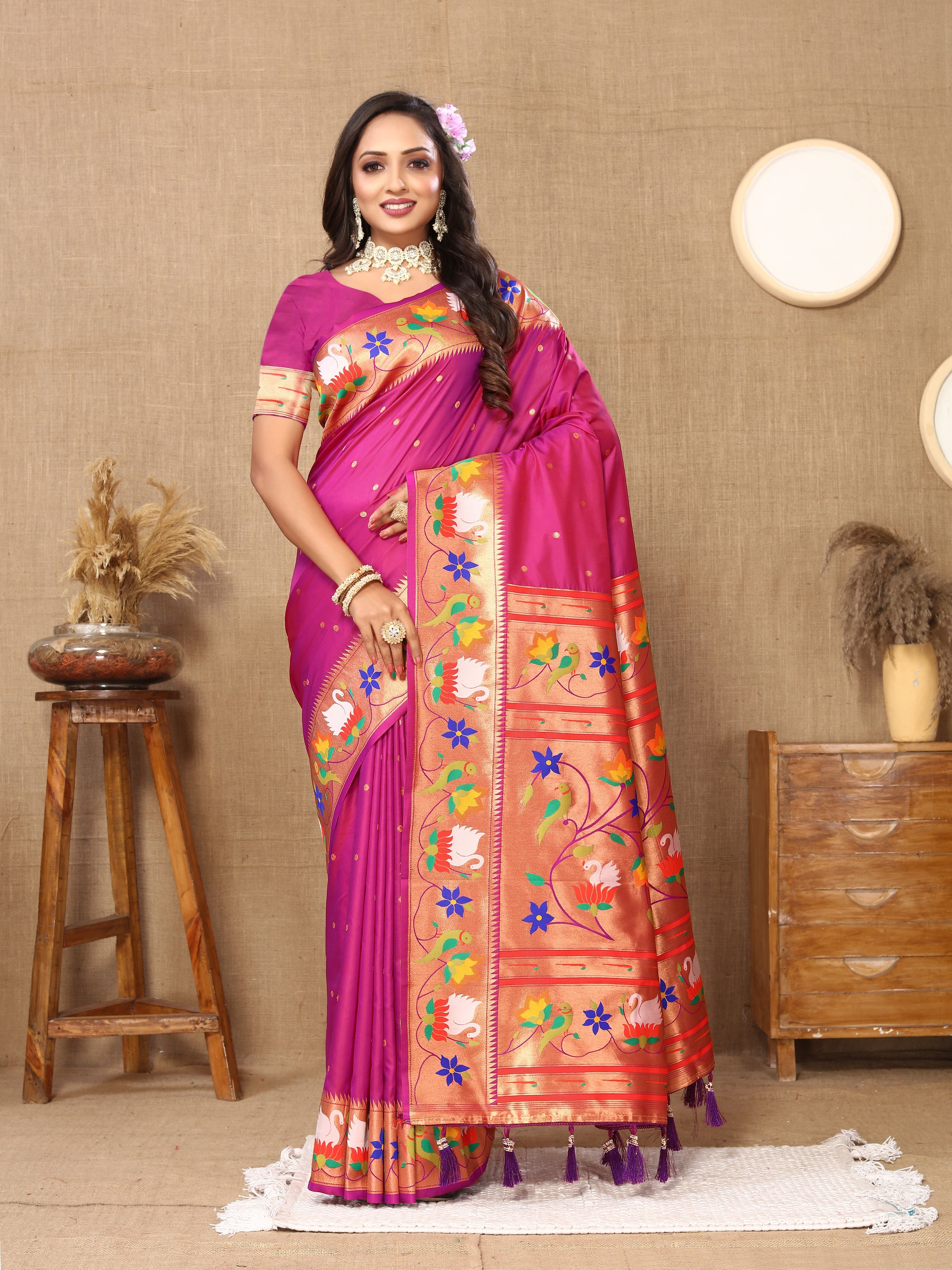 Magenta Paithani Silk Woven Meenakari Paithani Designer Saree