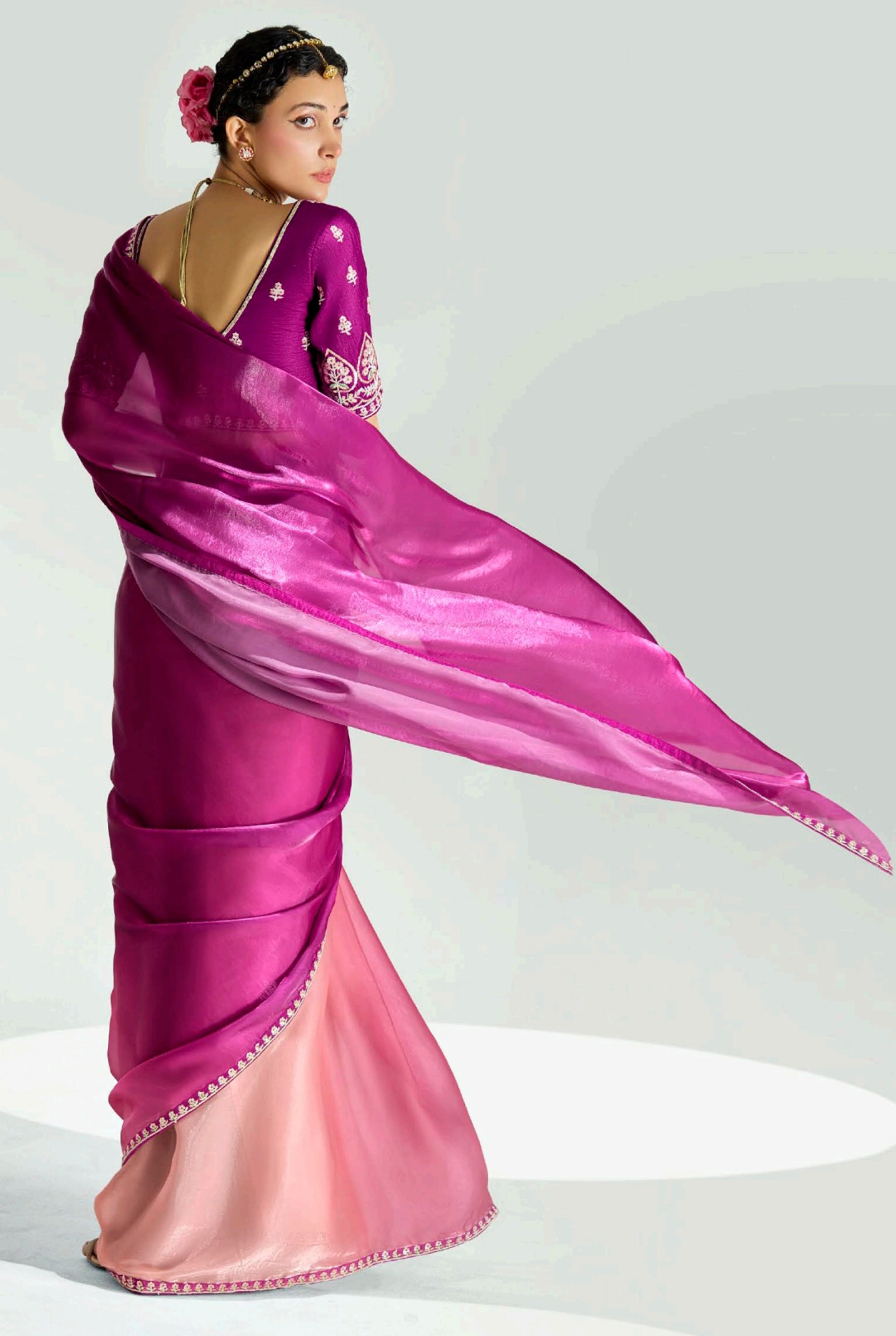 Magenta Pink Organza Saree with Embroidered Blouse