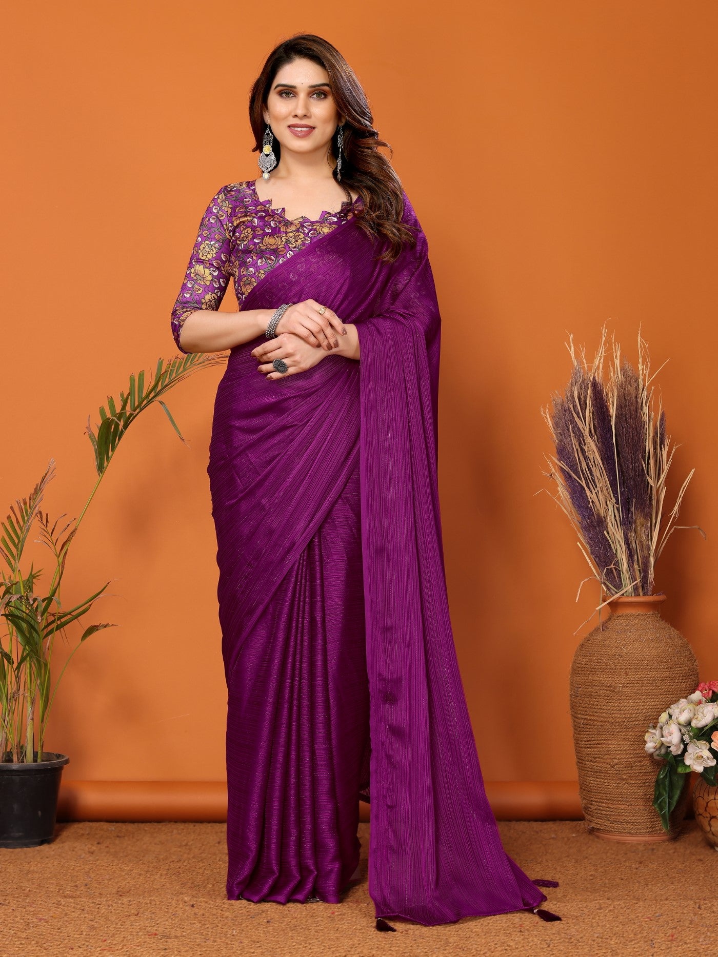 Magenta Polyester Zari Saree With Plain Saree With Kalamkari Print Blouse