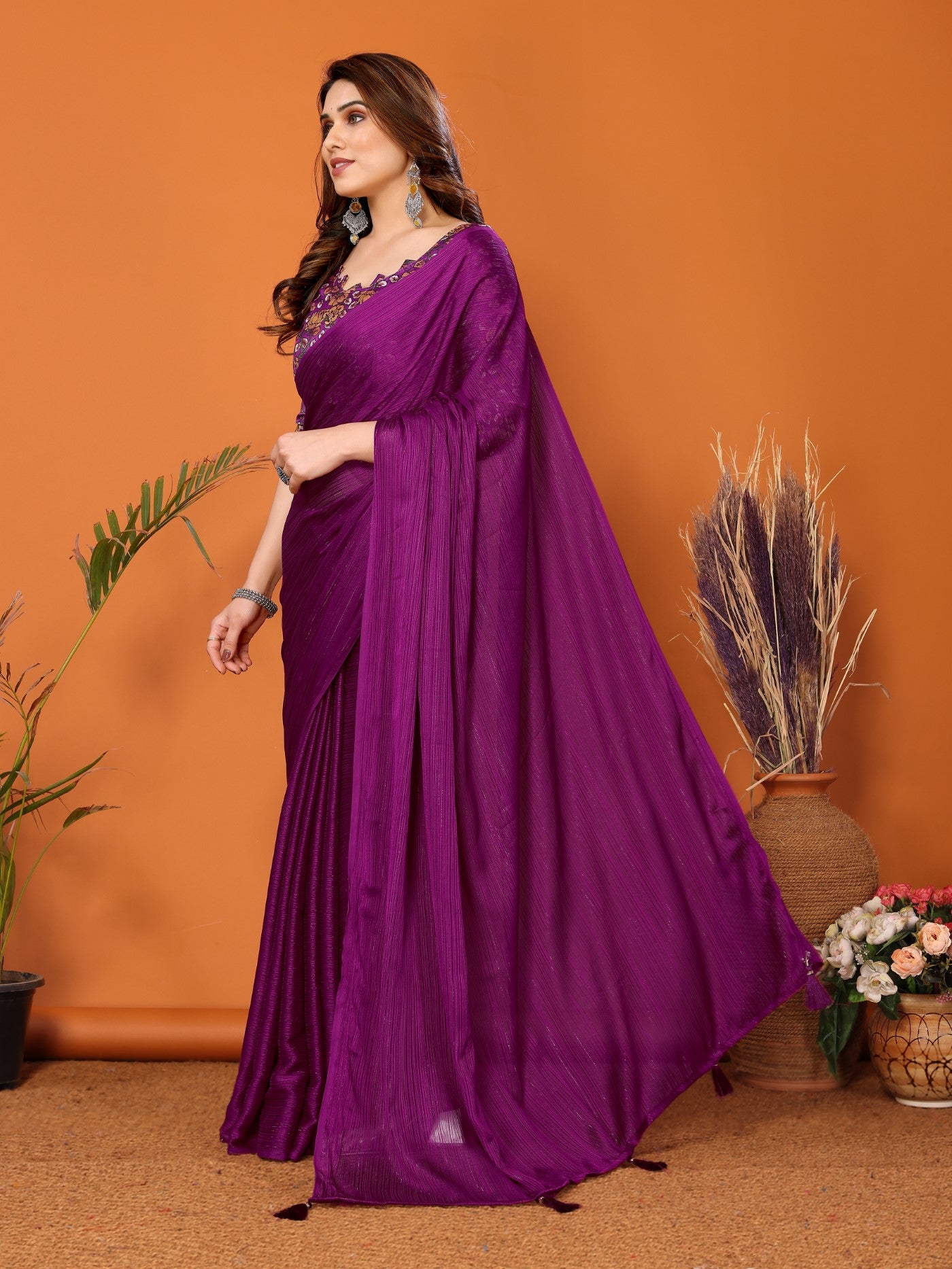 Magenta Polyester Zari Saree With Plain Saree With Kalamkari Print Blouse