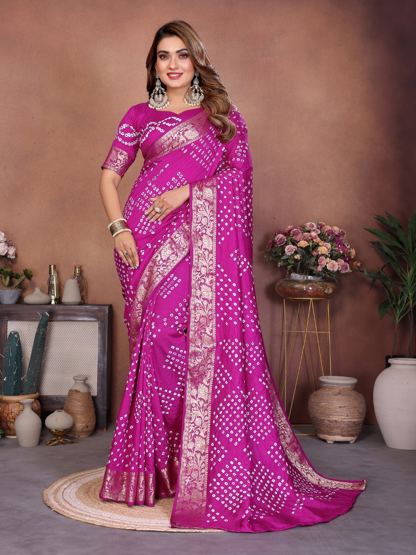 Magenta Pure Dola Silk Saree With Handmade Original Bandhej