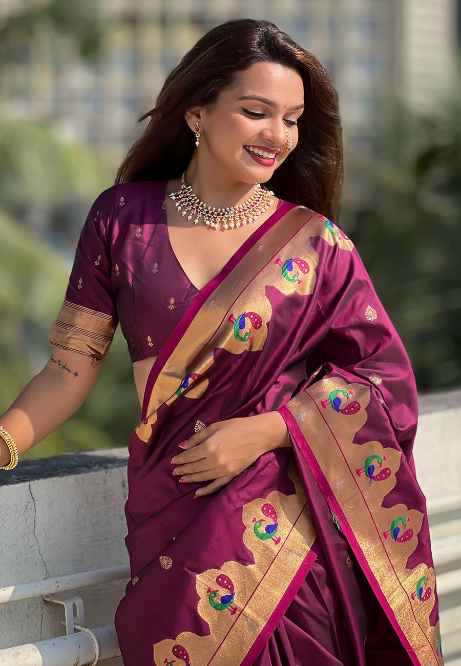 Magenta Silk Blend Paithani Saree