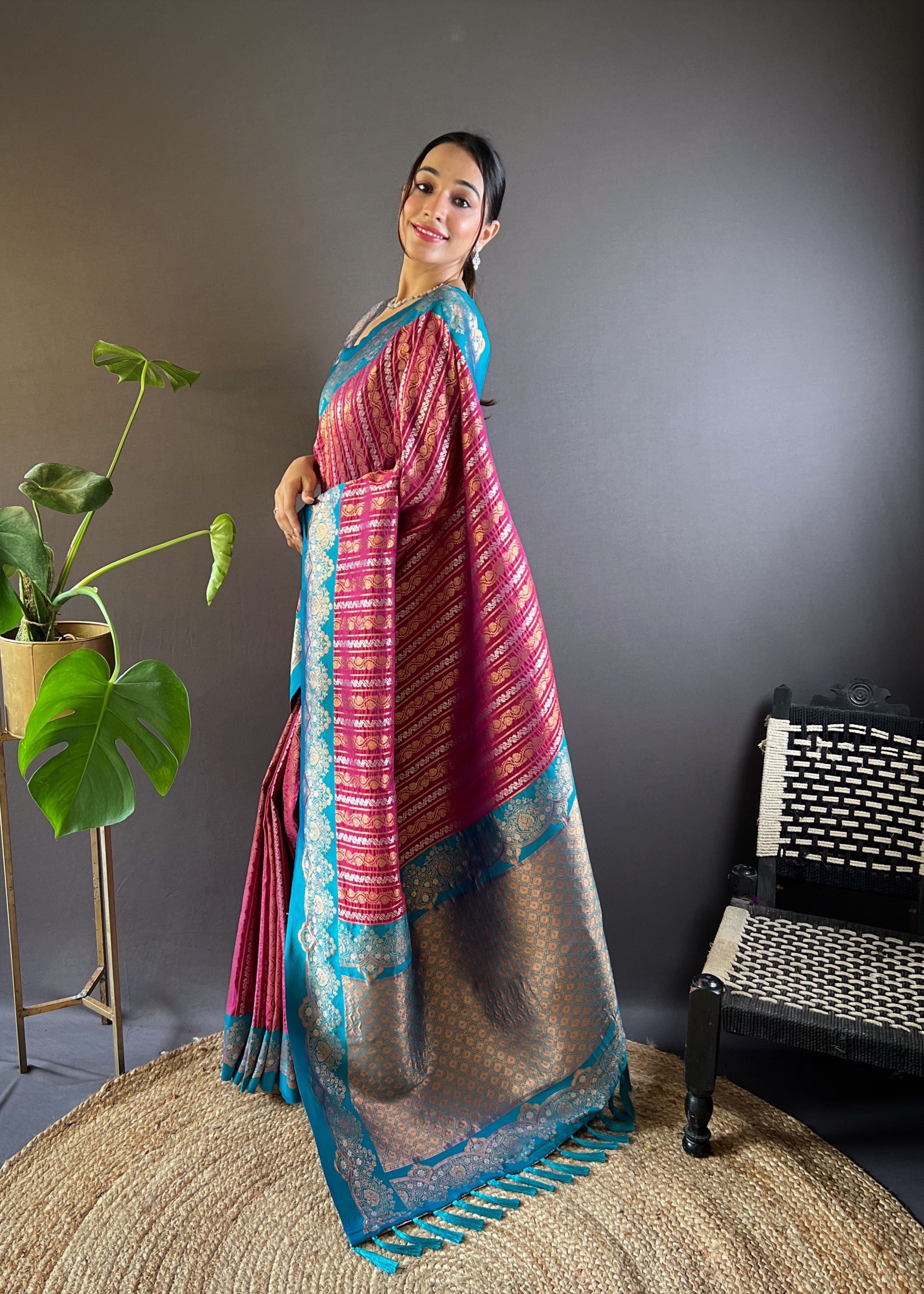 Magenta Silk Blend Saree With Zari and Woven Work