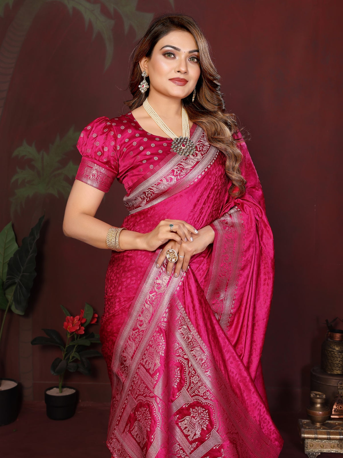 Magenta Soft Satin Silk Saree With Designer Zari Weaving