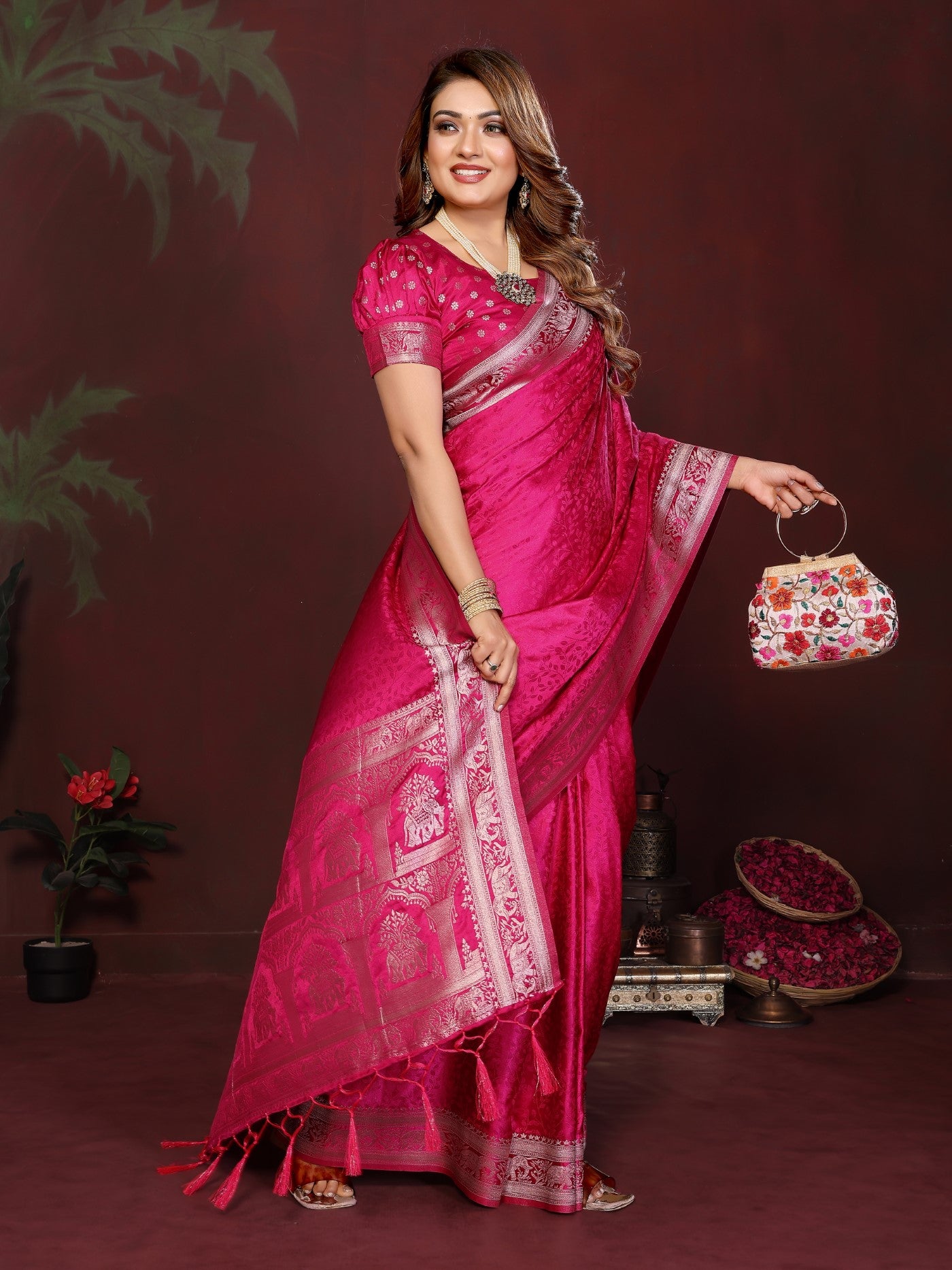 Magenta Soft Satin Silk Saree With Designer Zari Weaving