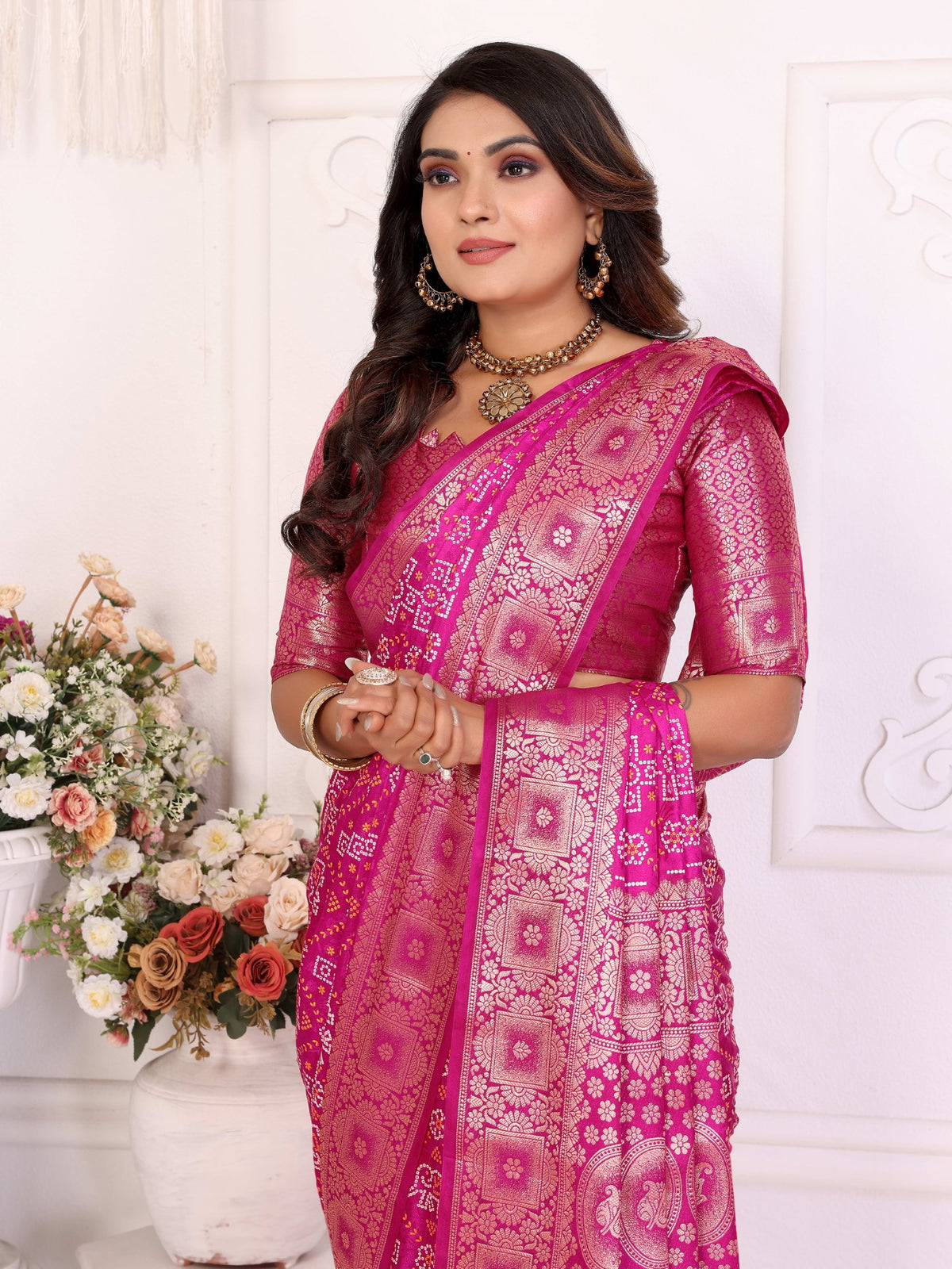 Magenta Soft Satin Silk Saree With Premium Allover Zari Weaving