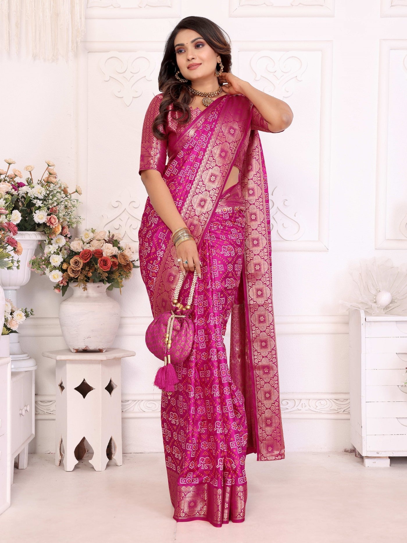 Magenta Soft Satin Silk Saree With Premium Allover Zari Weaving