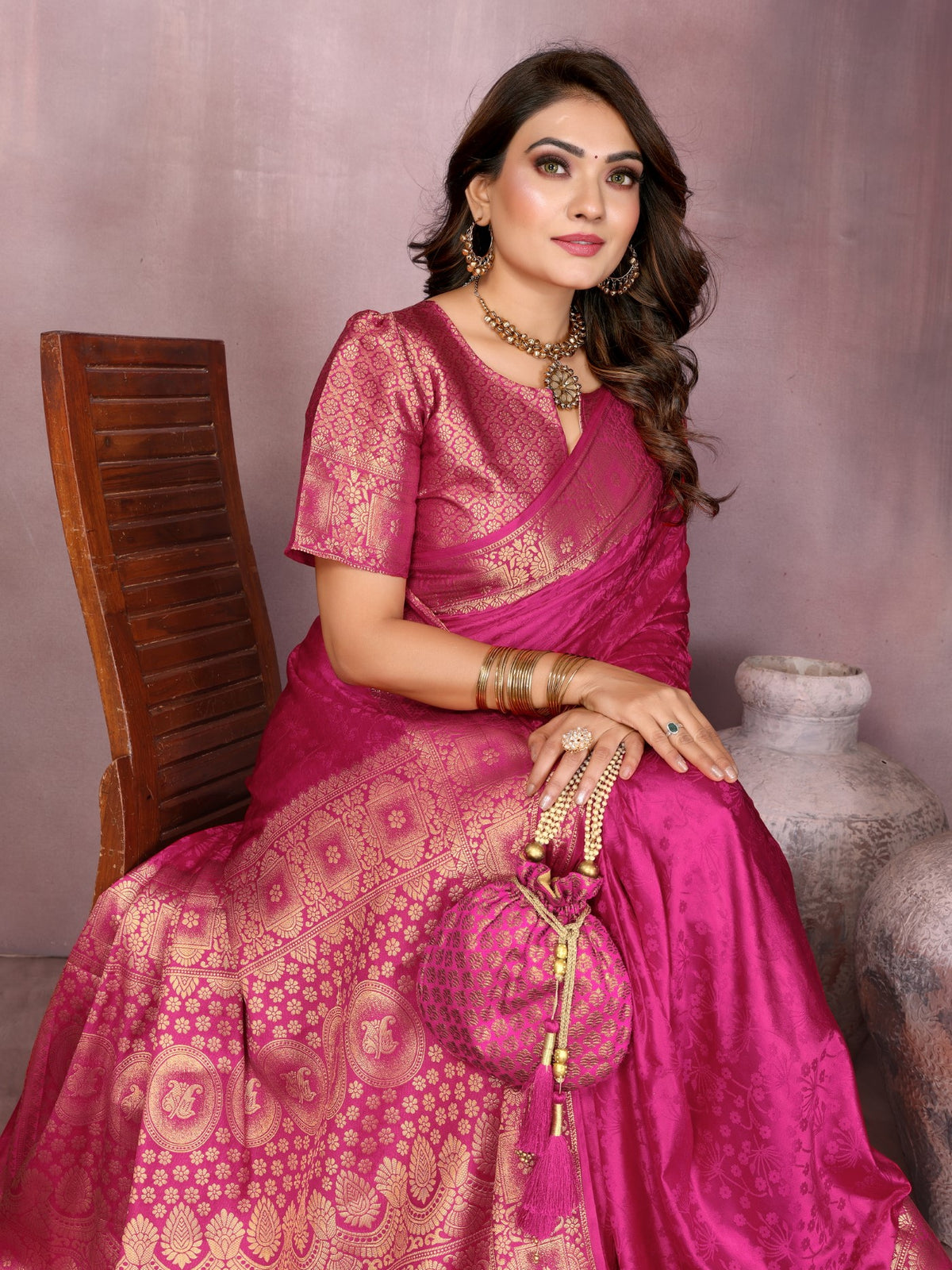 Magenta Soft Satin Silk Saree With Traditional Zari Weaving