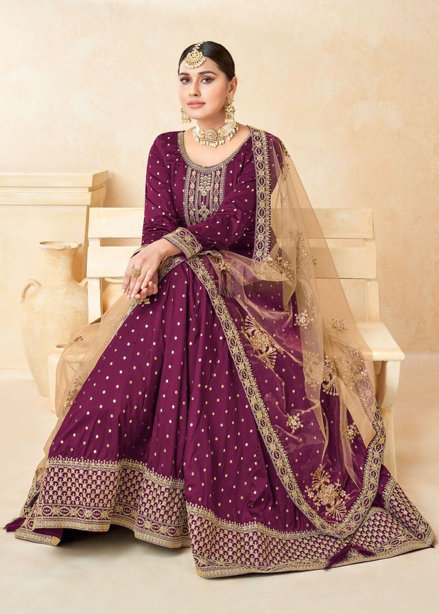 Magenta Taffeta Butti Heavy Thread Embroidery, Zari With Sequins Work Anarkali Suits