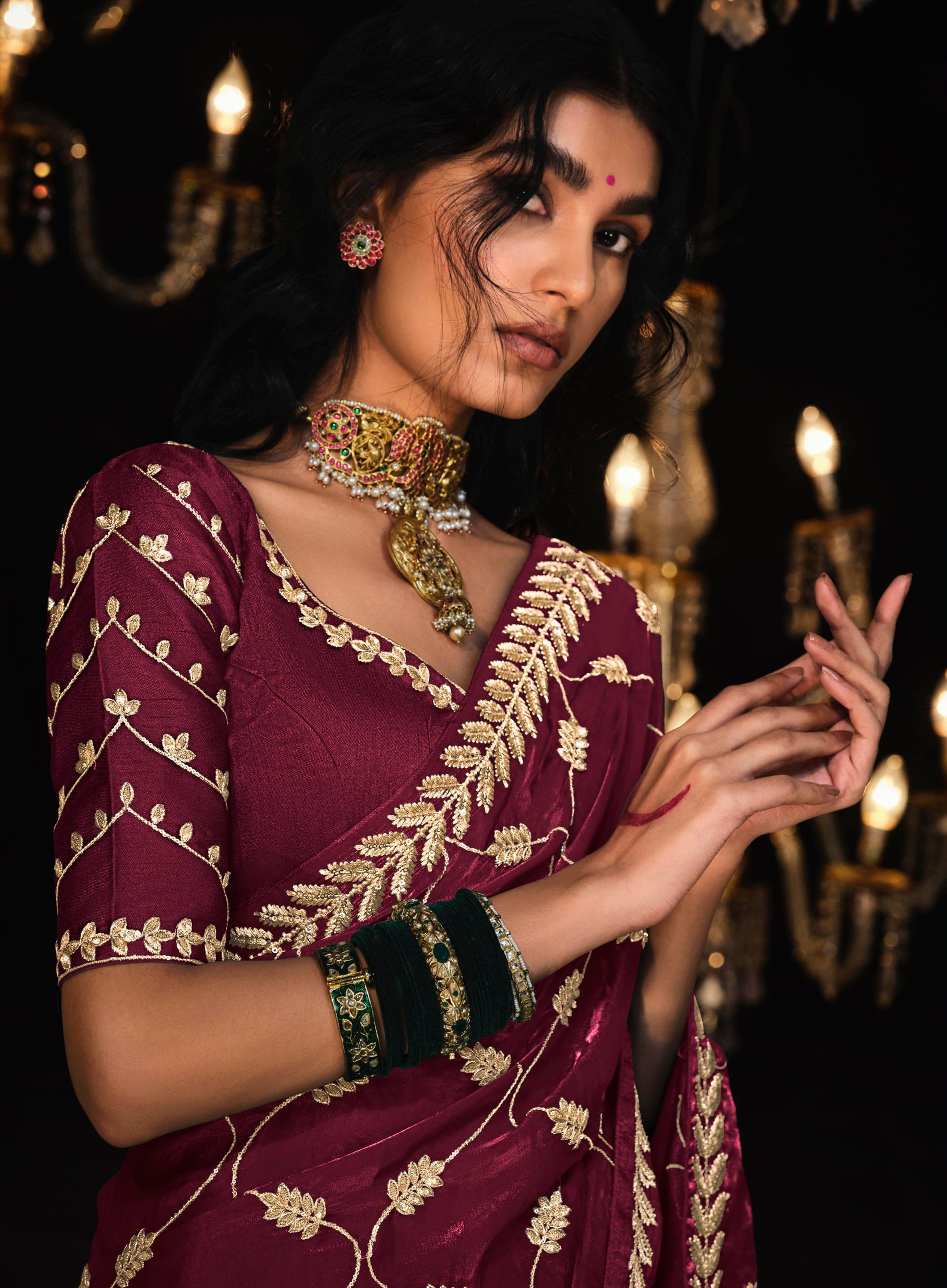 Magenta Tissue Silk Saree With Heavy Thread and Zari Embroidered Work