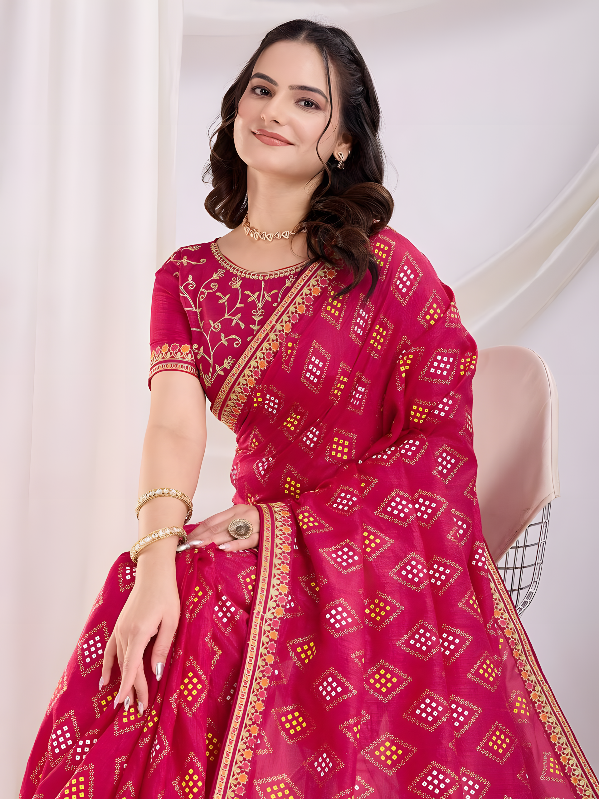 Magenta Vichitra silk Saree with Golden Foil bandhani print with embroidery work lace