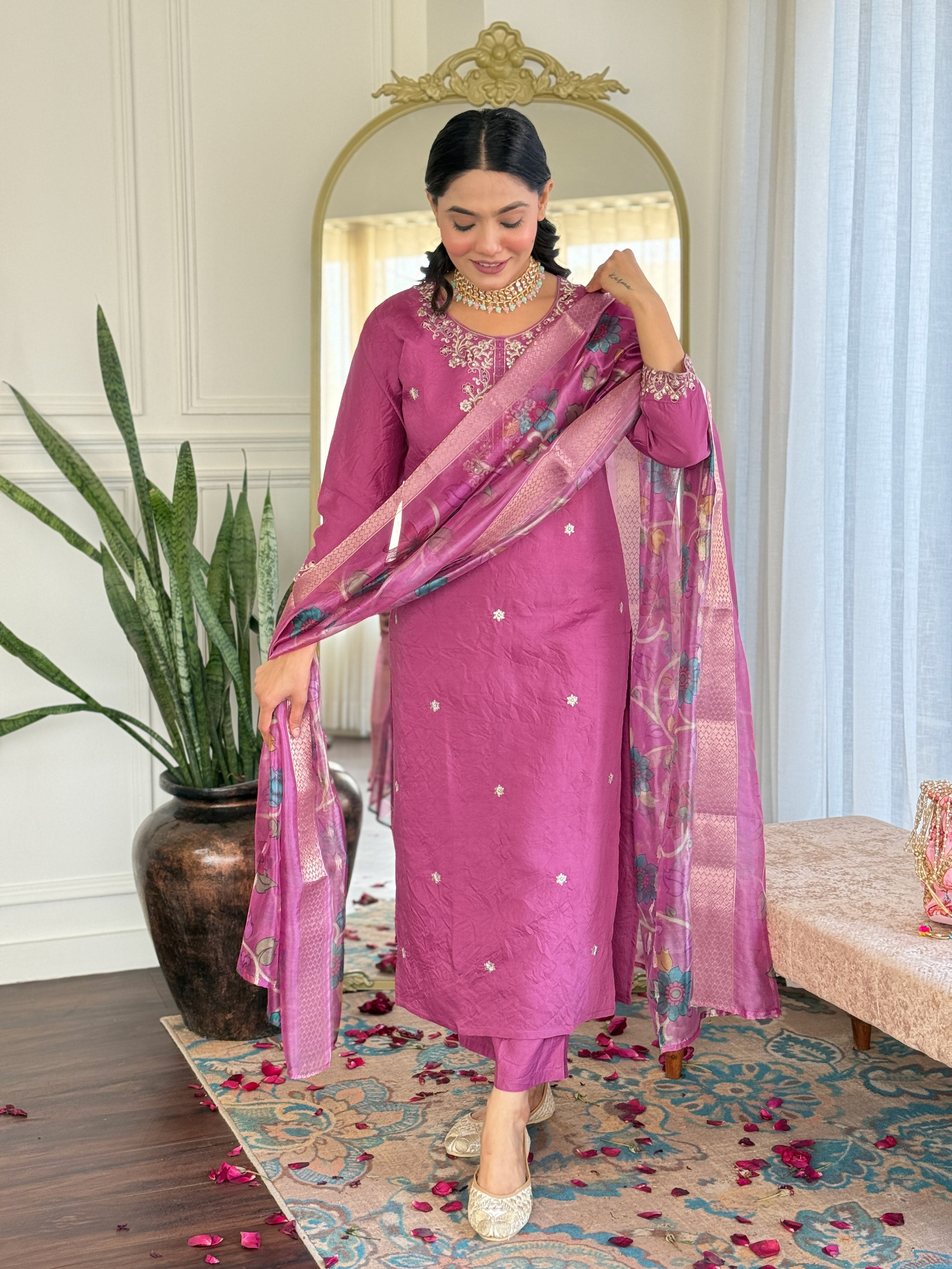 Magenta Viscose Chanderi Kurta Pant With Embroidery Work And Printed Dupatta
