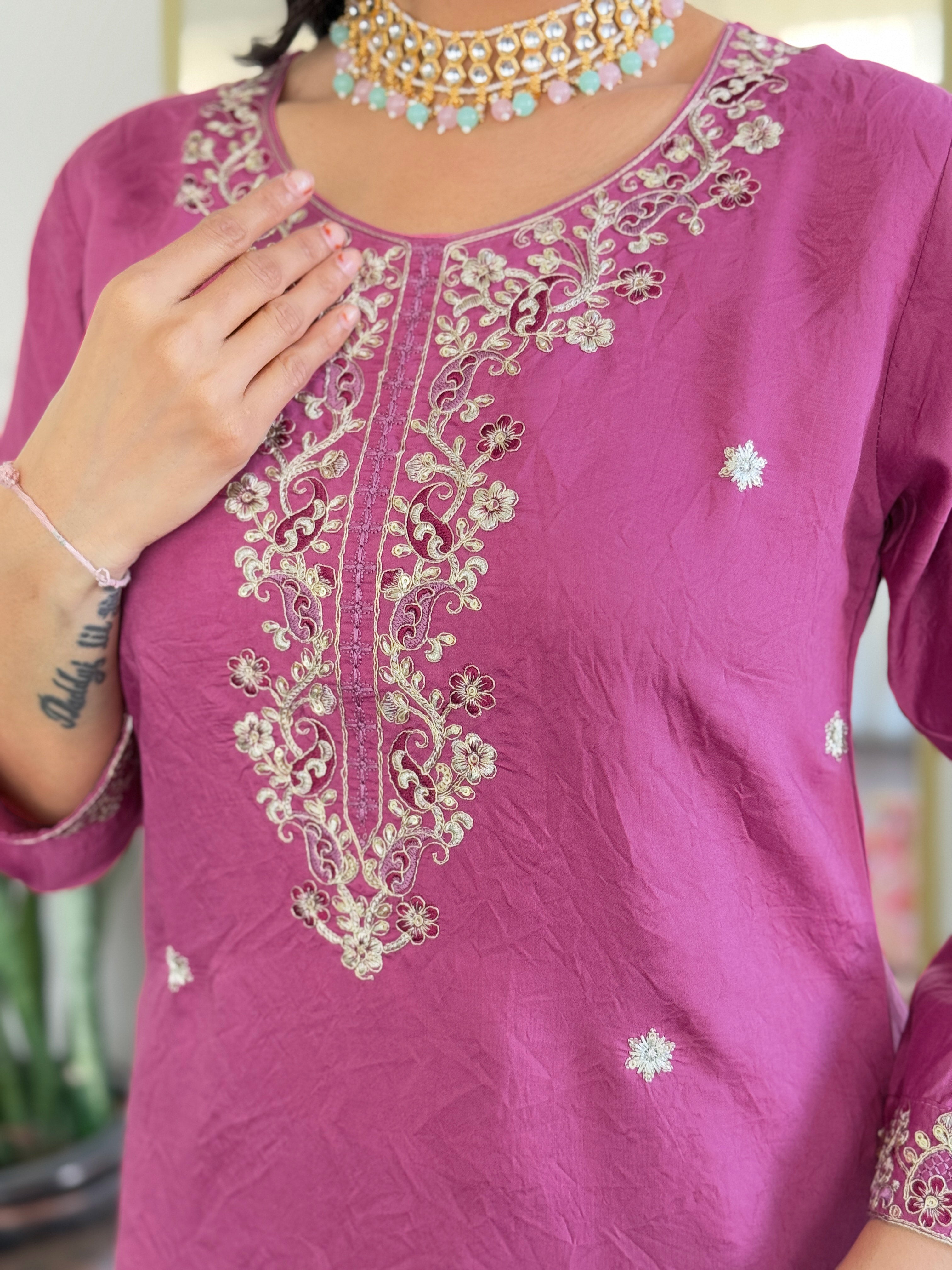 Magenta Viscose Chanderi Kurta Pant With Embroidery Work And Printed Dupatta