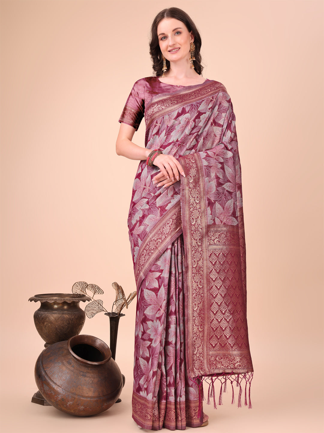 Magenta Woven Jacquard Designer With Floral Printed Cotton Ceremonial Saree