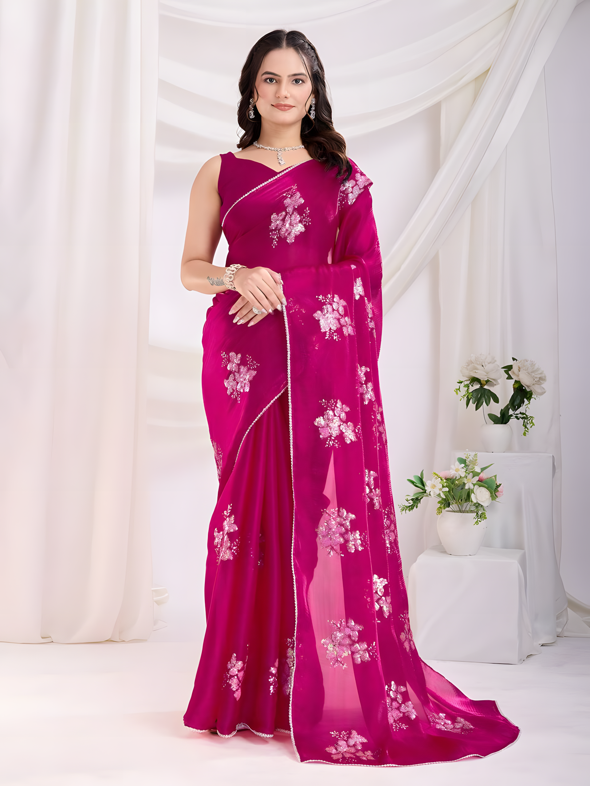 Magenta Zimmy chu Saree with C Pallu multi Embroidery with sequins Work