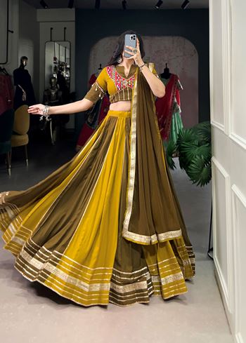 Mehendi-Mustard Rayon Lehenga Choli with Sequins Lace Gota Patti