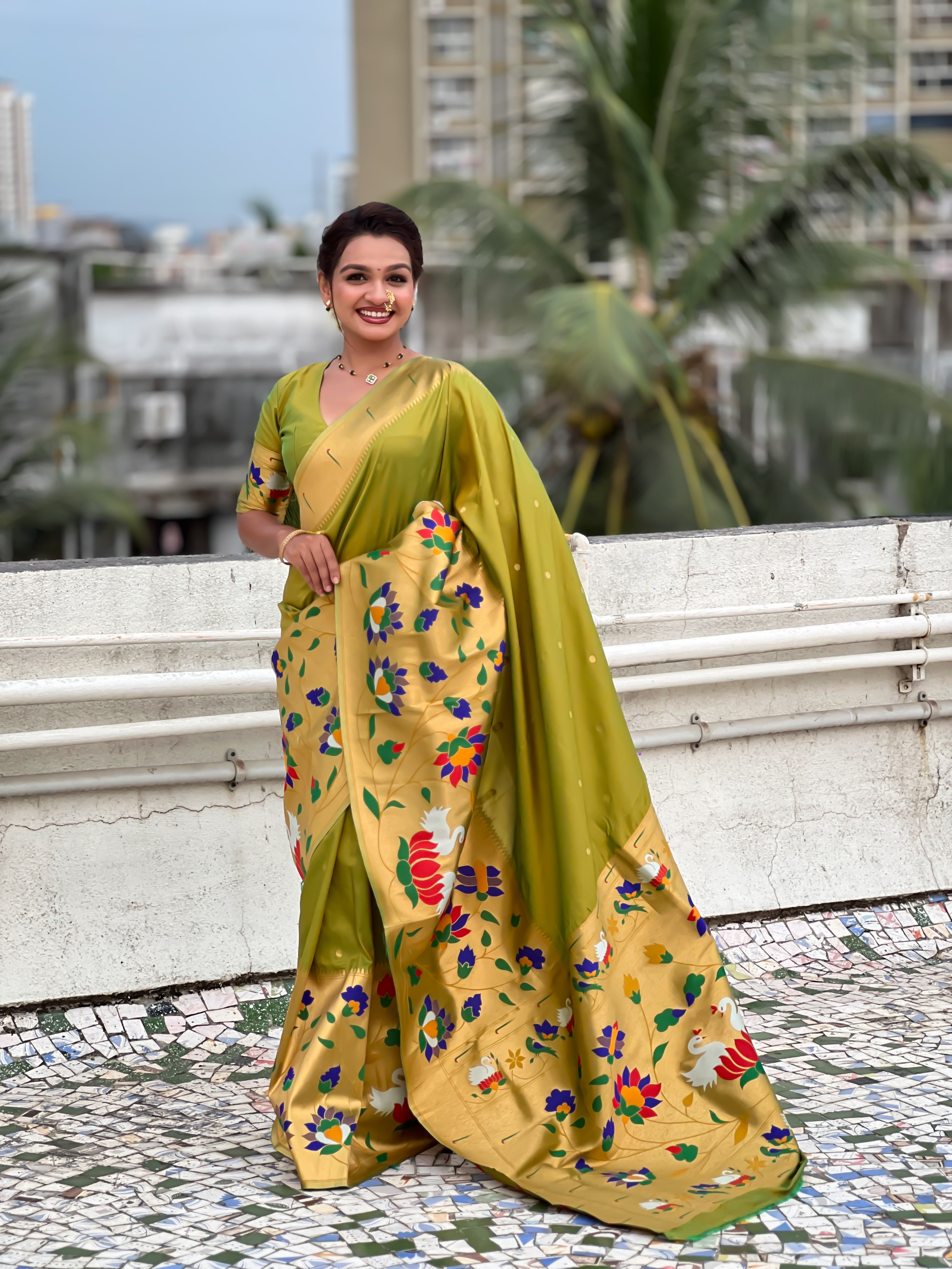 Mahendi Beautiful Woven Meenakari Polka Designer Paithani Silk Ethnic Graceful Saree