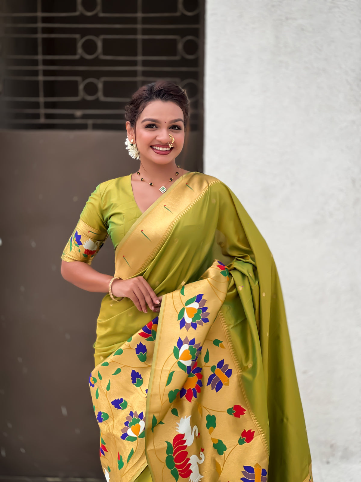 Mahendi Beautiful Woven Meenakari Polka Designer Paithani Silk Ethnic Graceful Saree