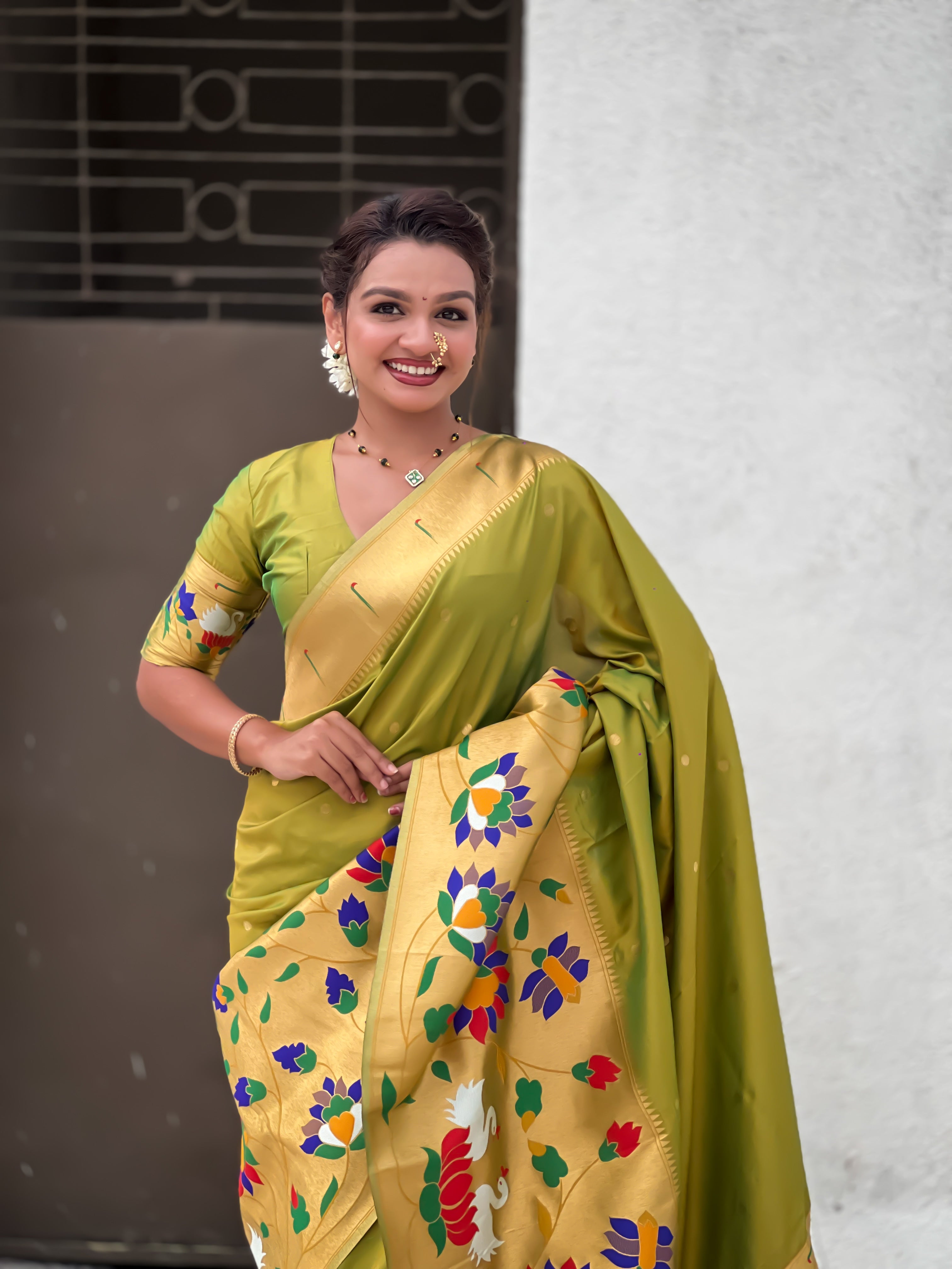 Mahendi Beautiful Woven Meenakari Polka Designer Paithani Silk Ethnic Graceful Saree