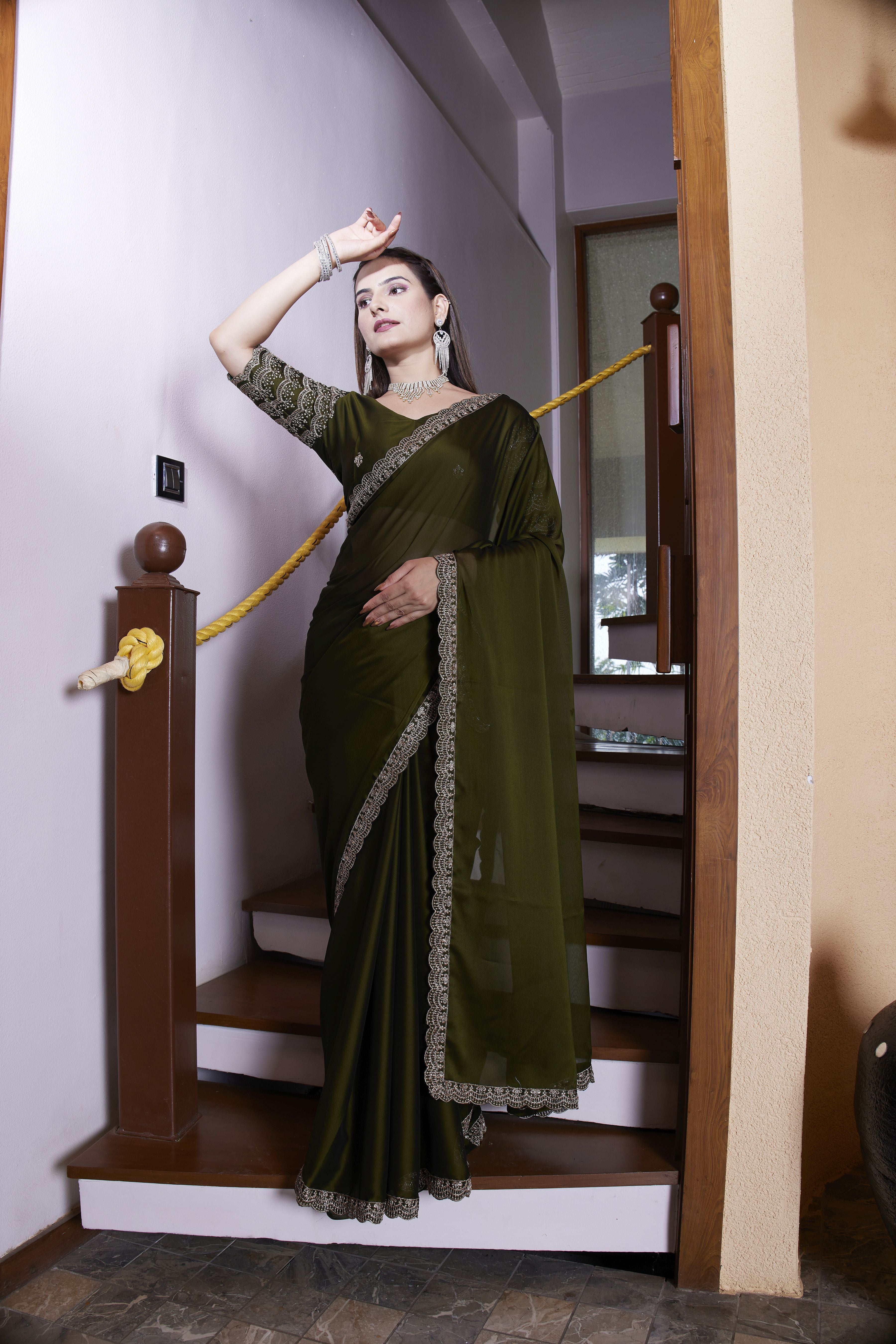 Mahendi Chiffon Designer Embroidered Ceremonial Saree