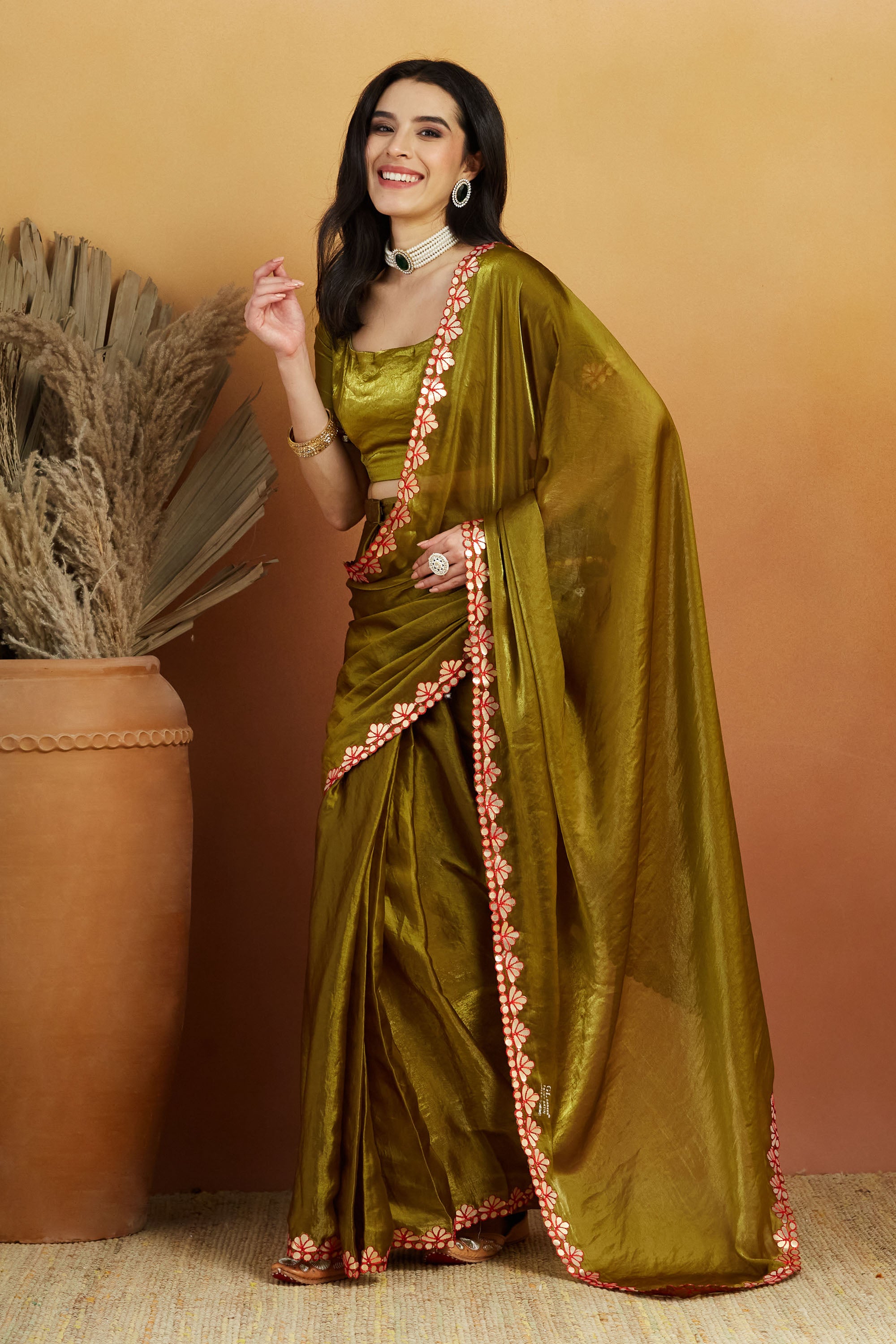 Mahendi Designer Embroidery Work Ready To Wear Saree