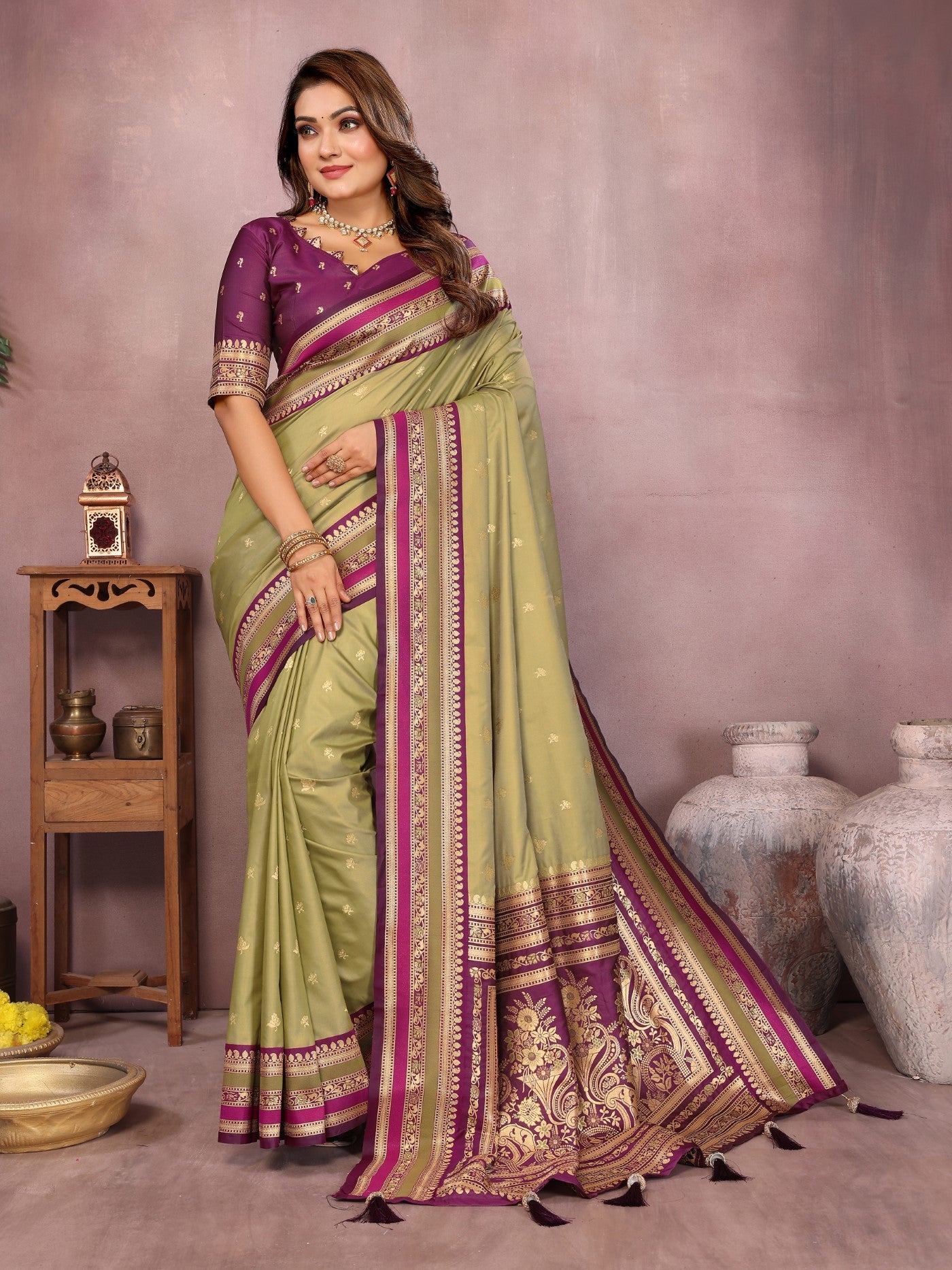 Mahendi Kalamkari Silk Saree With Traditional Weaving