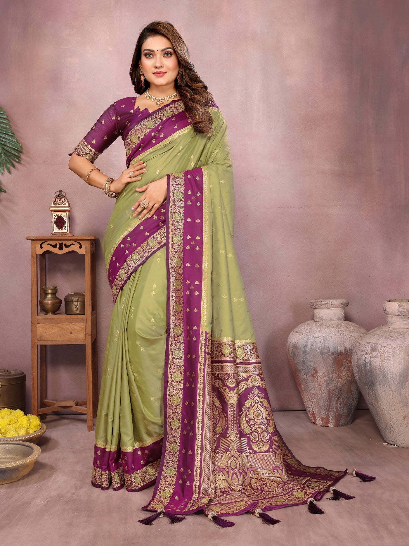 Mahendi Kalamkari Silk Saree With Zari Woven