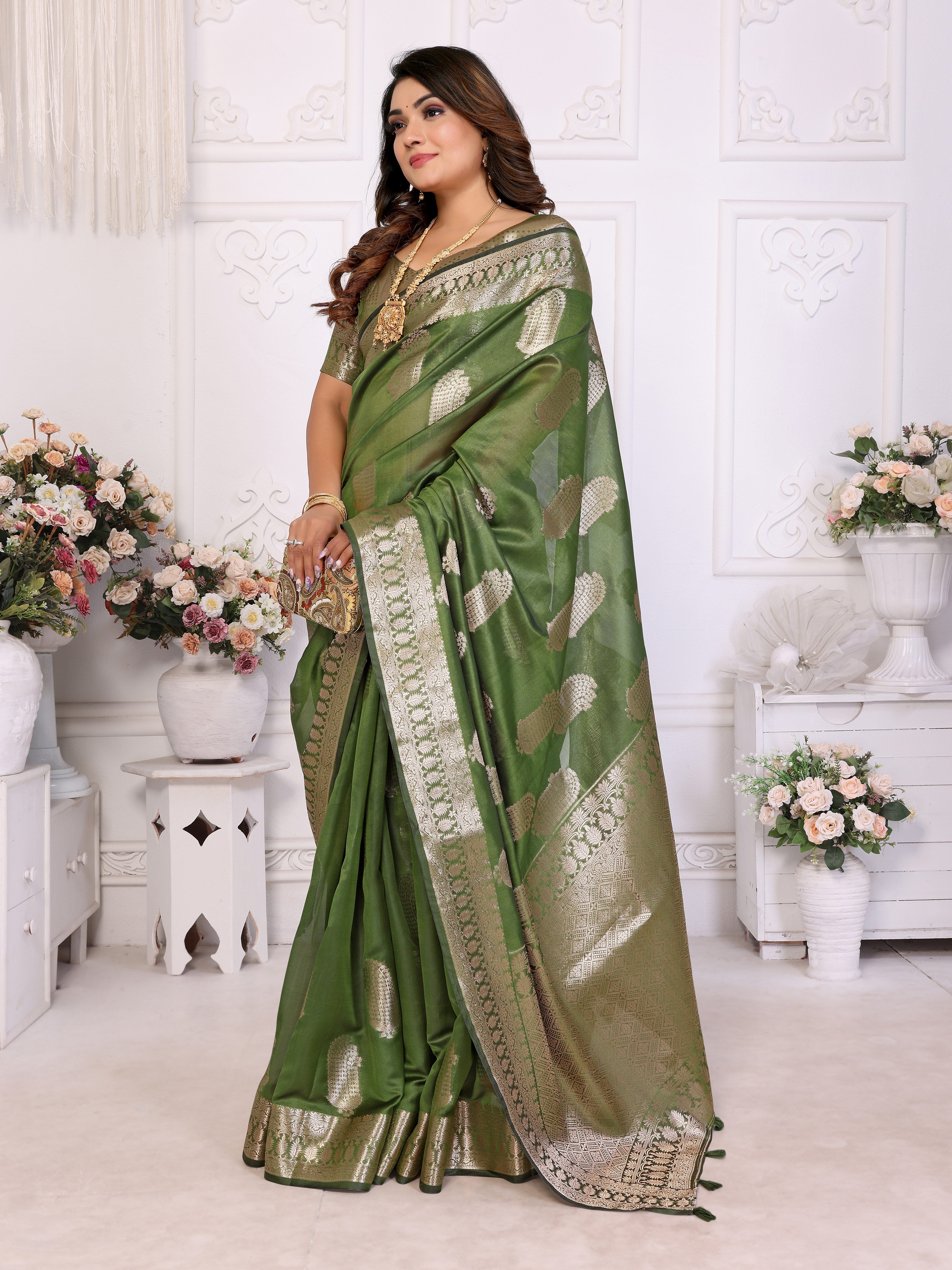 Mahendi Organza Gold Zari Designer Beautiful Festive Saree