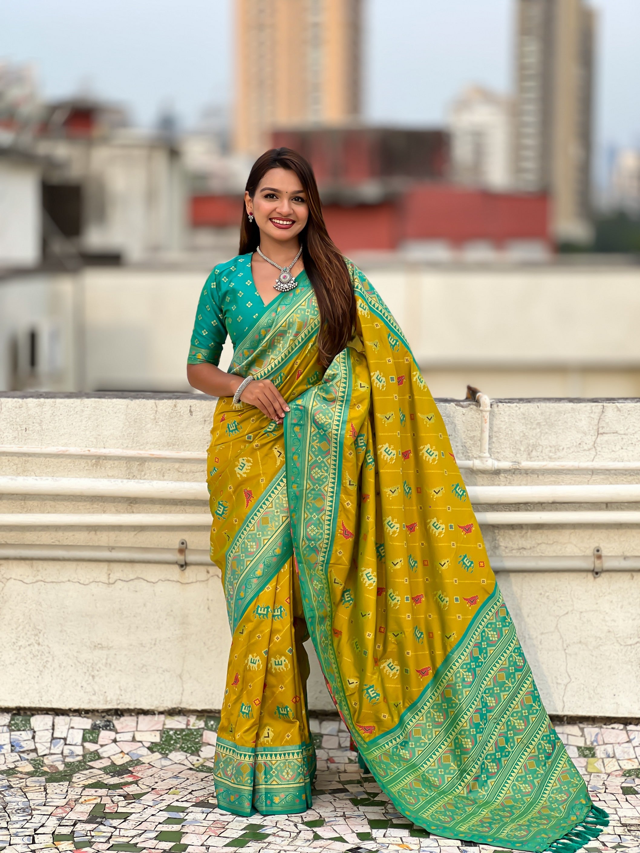 Mahendi Patola Silk Saree With Woven Meenakari Ikkat Designer For Festive Looks