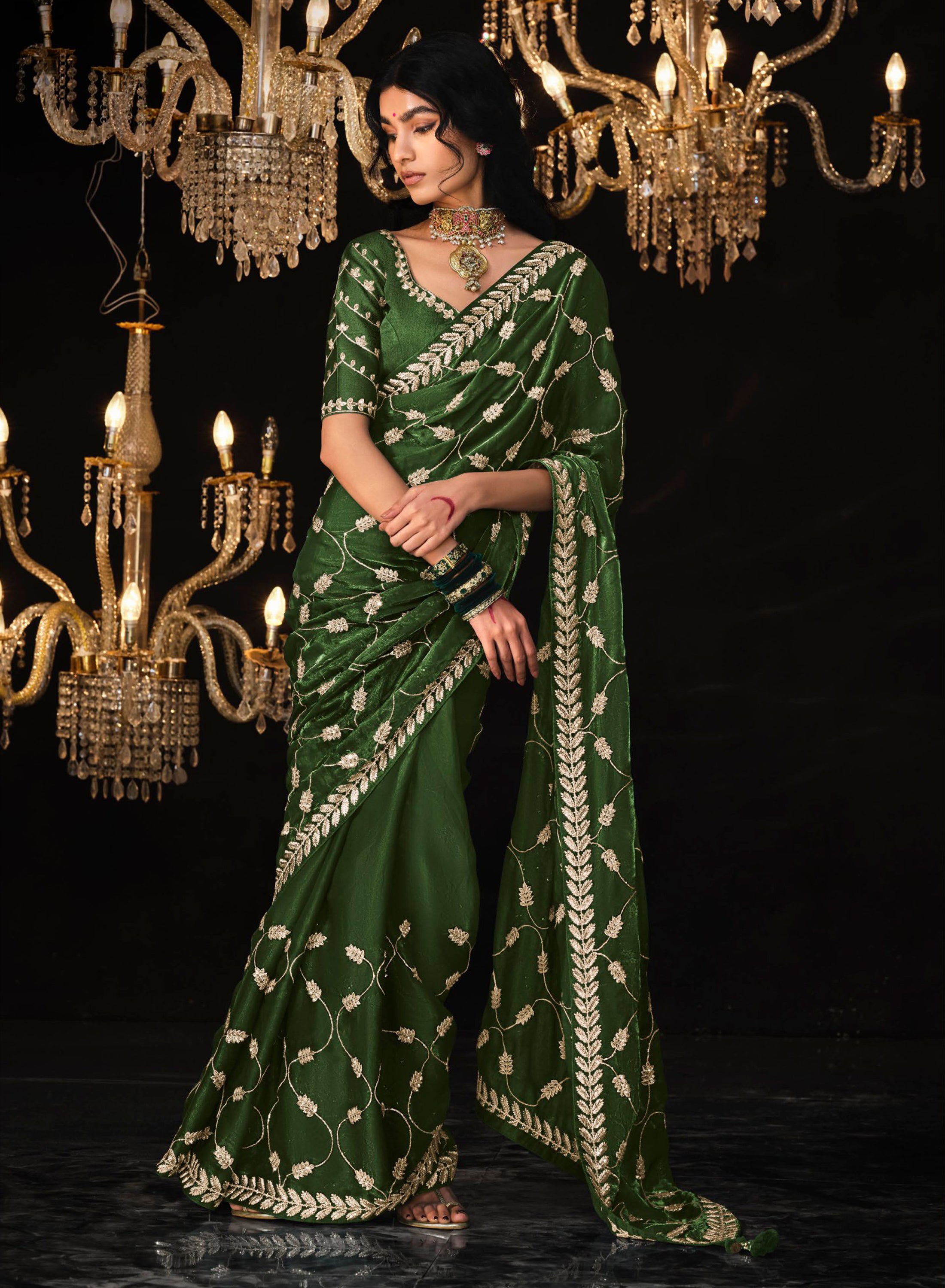 Mahendi Tissue Silk Saree With Heavy Thread and Zari Embroidered Work