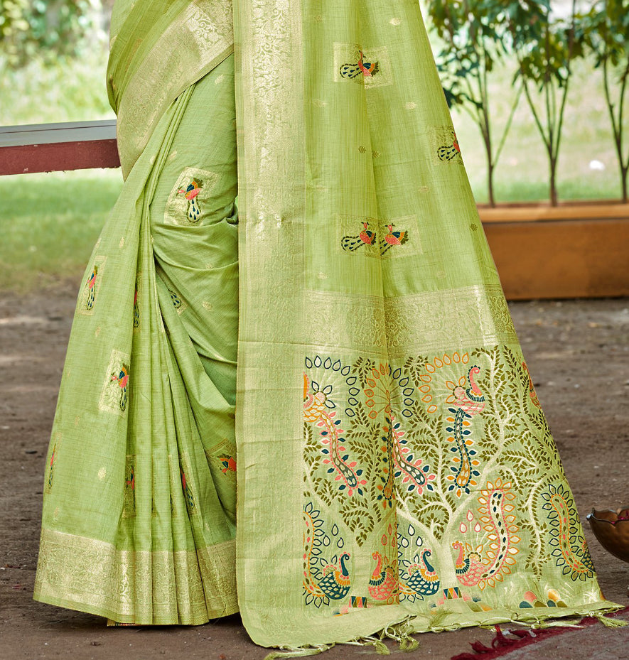 Majestic Green Assam Silk Meenakari Festival Saree