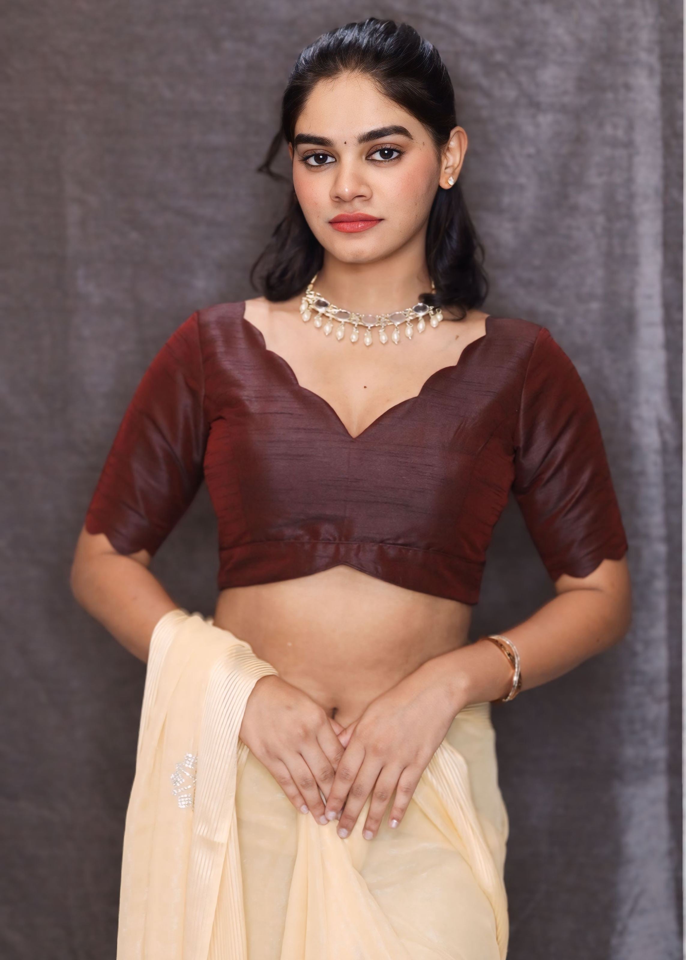 Maroon Art Silk Blouse With Curved V Neckline