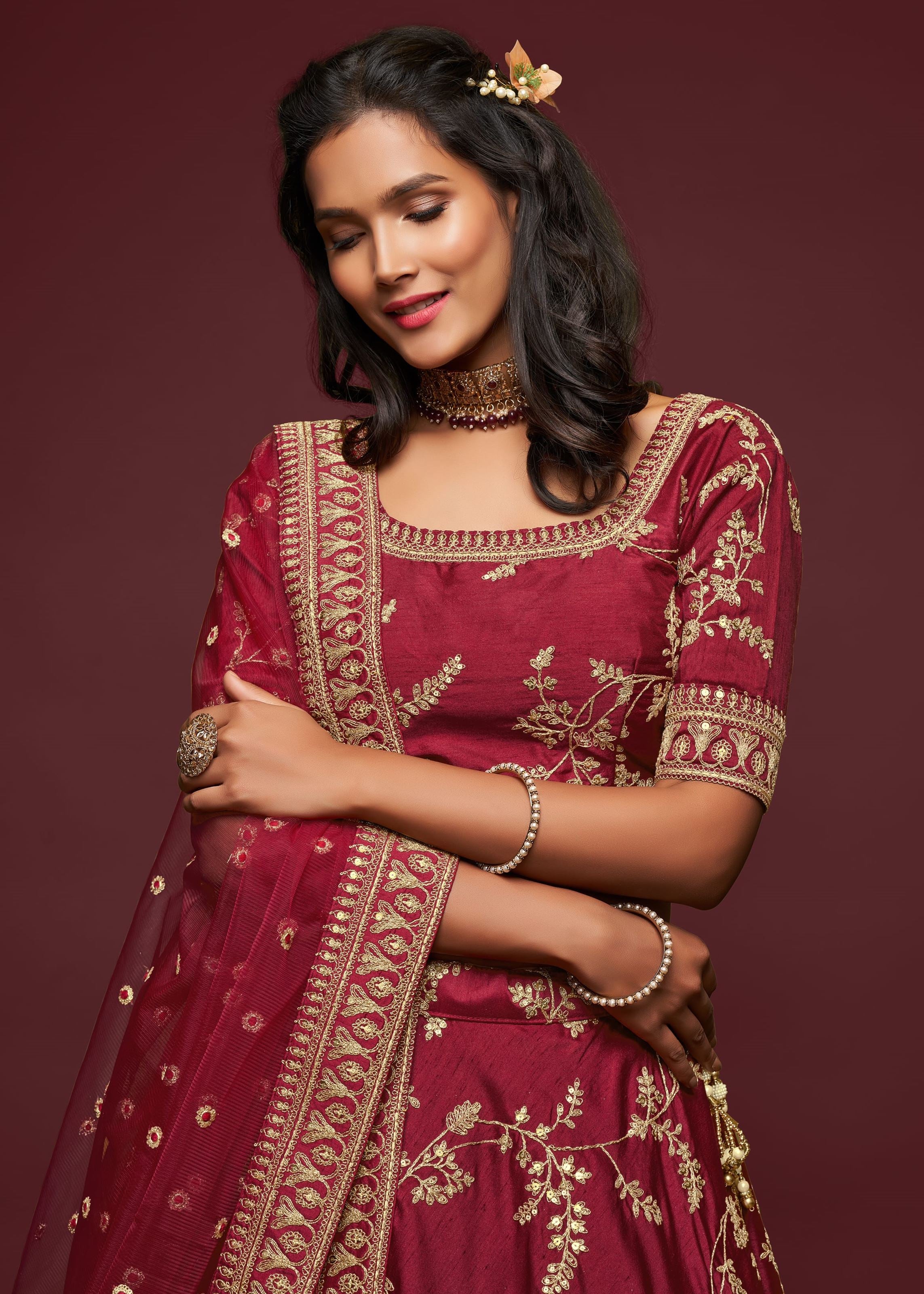 Maroon Art Silk Lehenga Choli With Thread, Zari, Dori and Sequins Embroidery Work
