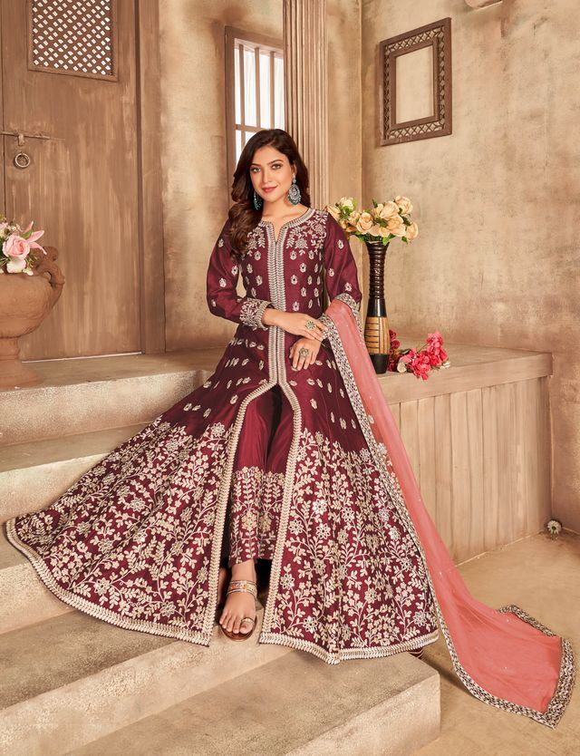 Maroon Art Silk Thread Embroidery, Zari With Mirror Work Anarkali Suits