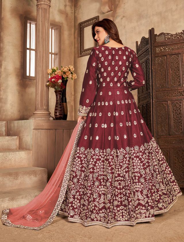 Maroon Art Silk Thread Embroidery, Zari With Mirror Work Anarkali Suits
