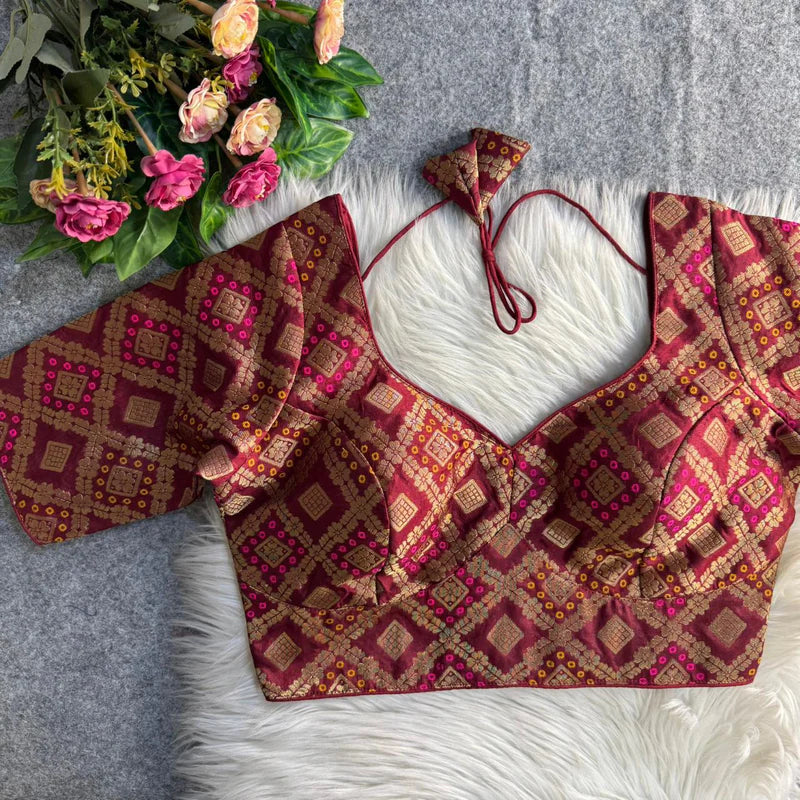 Maroon Banarasi Jacquard Patola Designer Blouse Silk Partywear Readymade Blouse