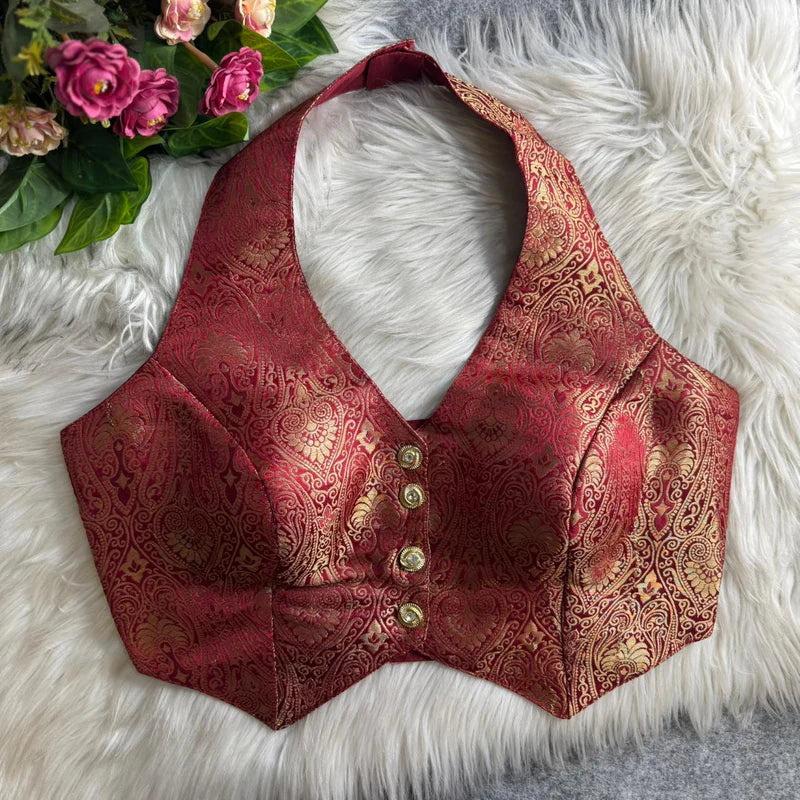 Maroon Banarasi Jacquard Silk Halter Neck Blouse with Embroidery & Sequins